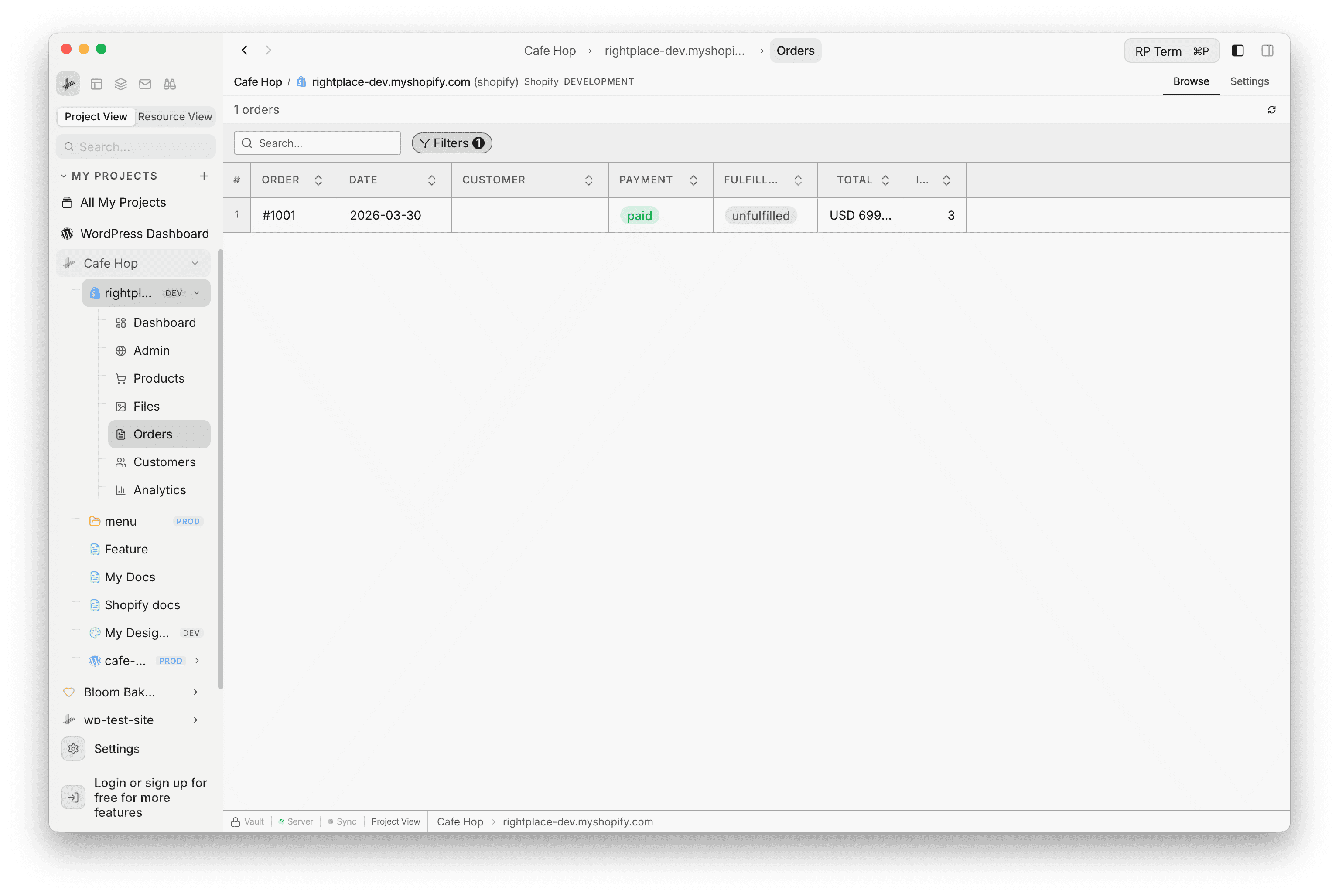 Shopify Orders view with SmartTable, search, Filters, and payment or fulfillment status pills