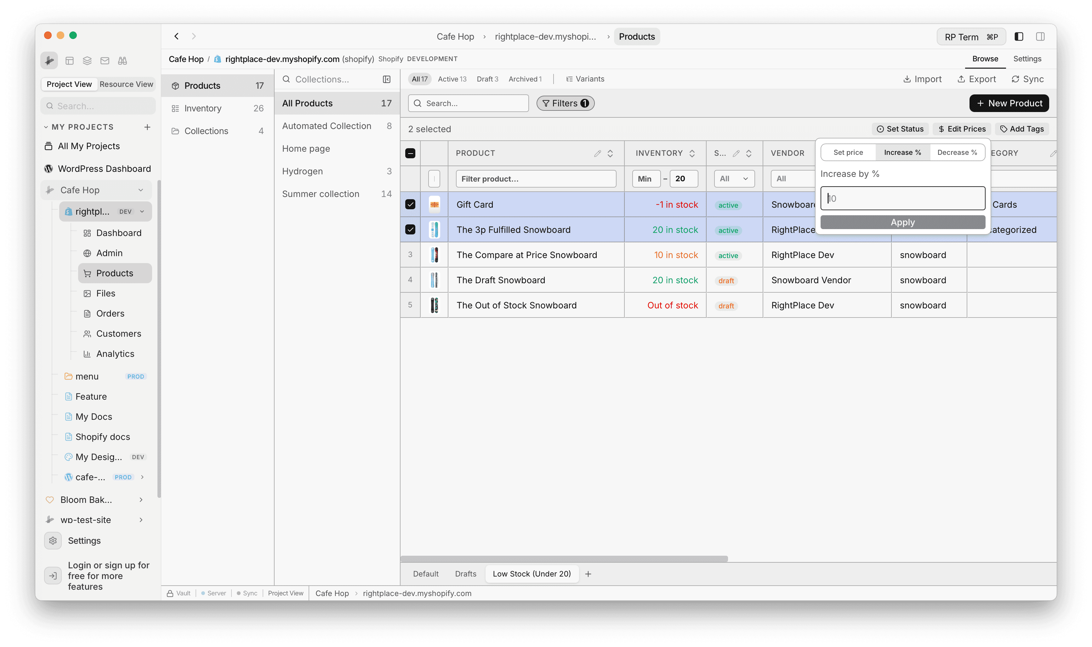 Bulk action bar with Edit Prices modal for percent increase
