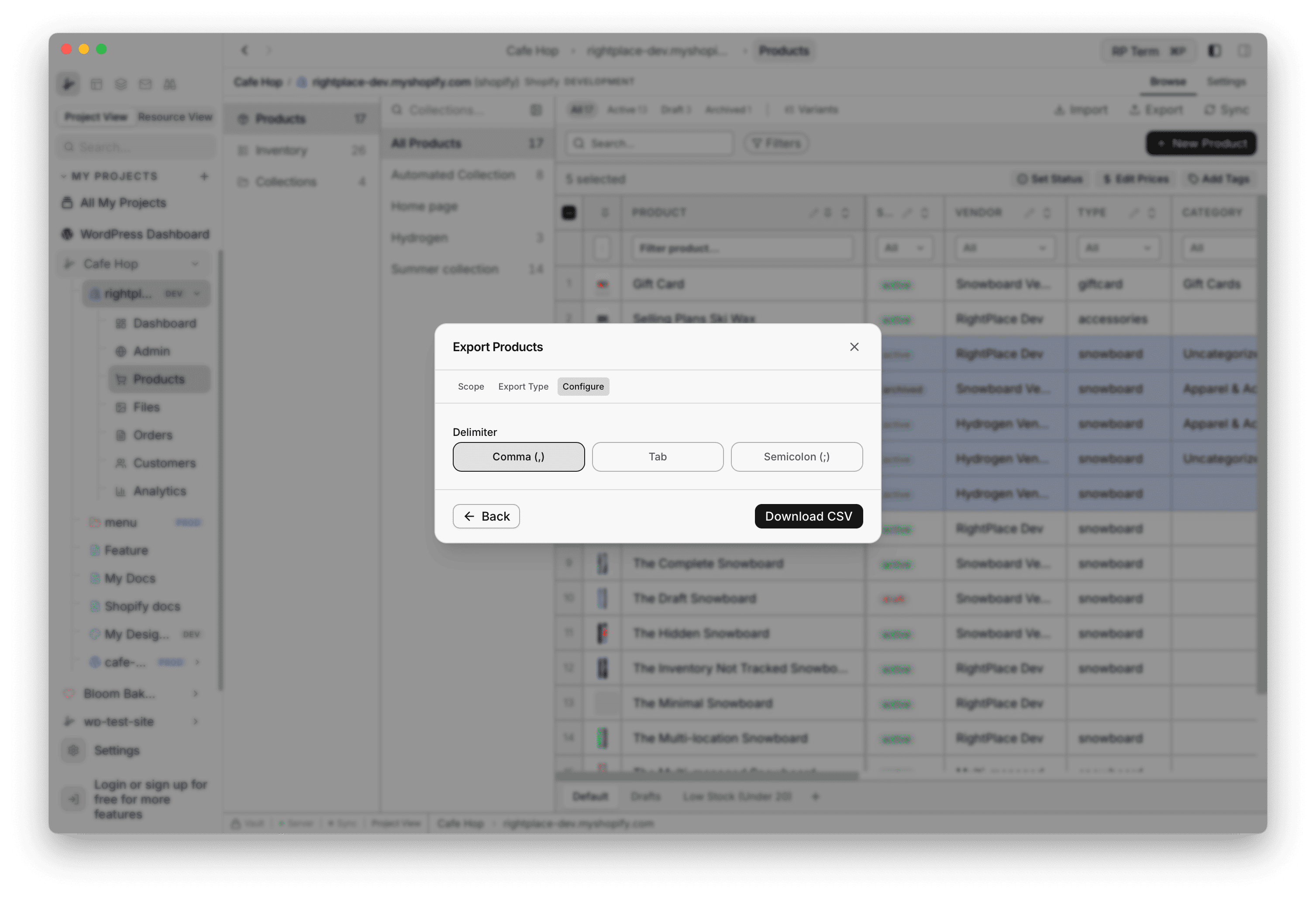 Export Products Configure step with delimiter choices