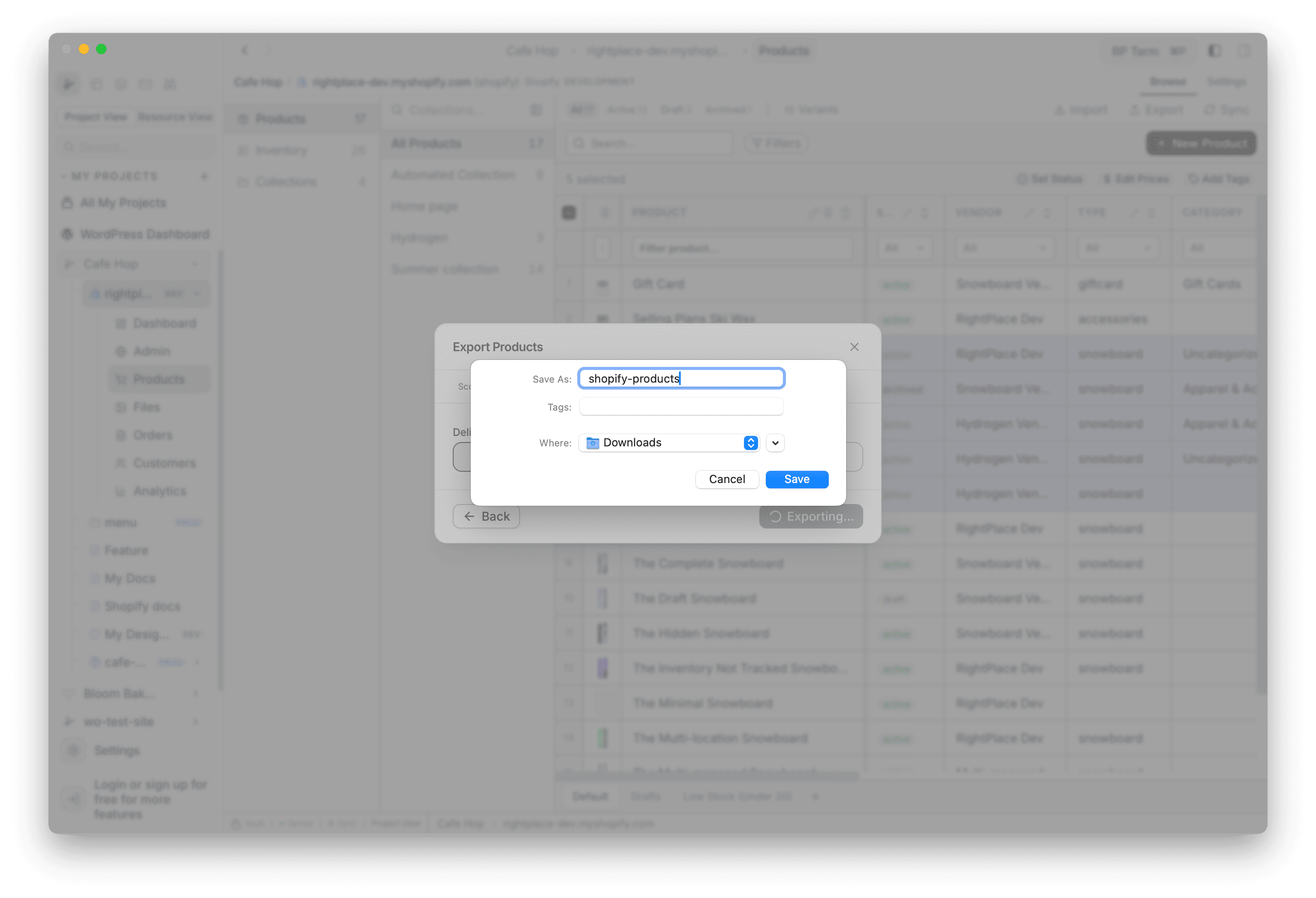 Export Products save step with filename and destination