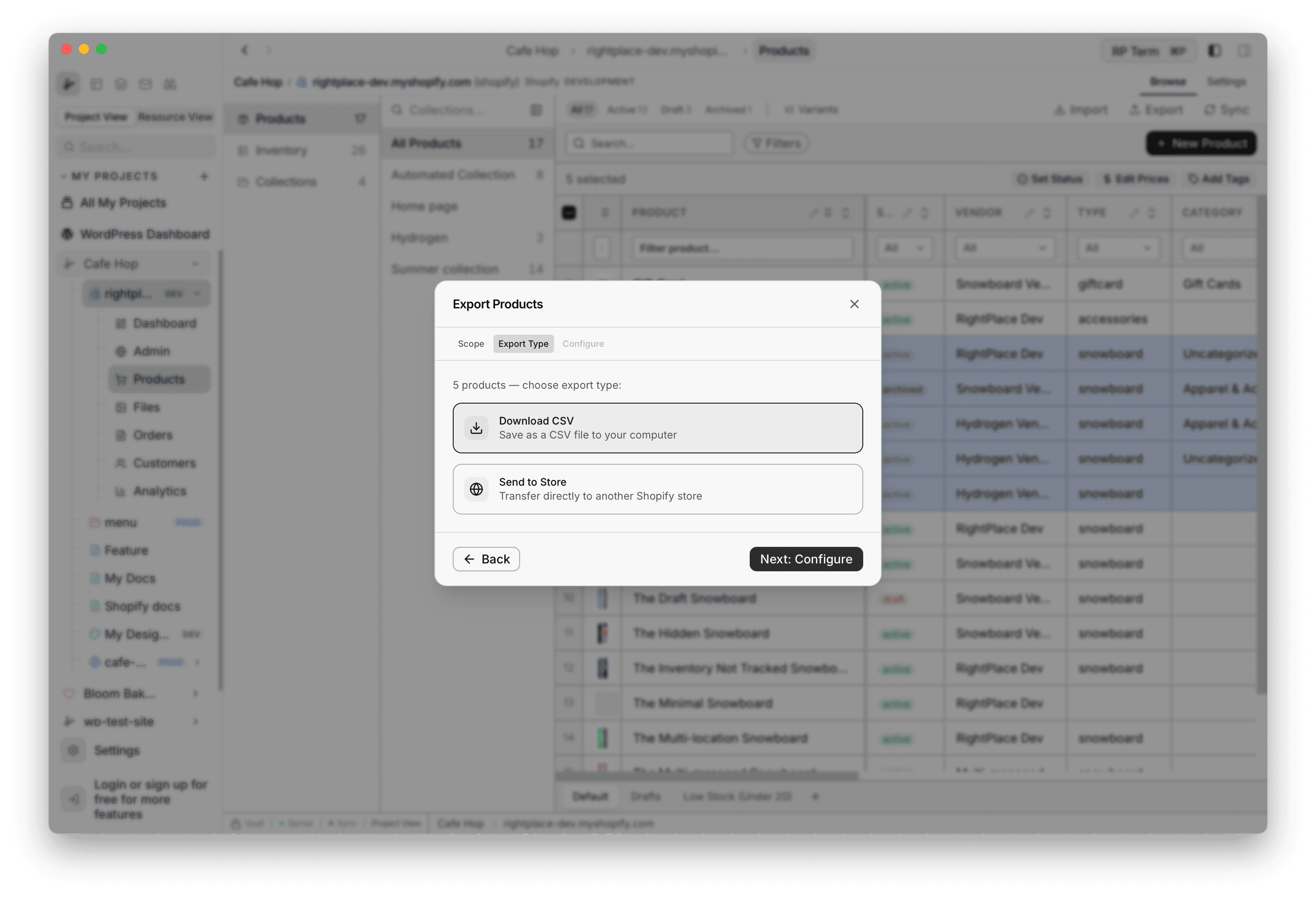 Export Products Export type step with Download CSV and Send to Store