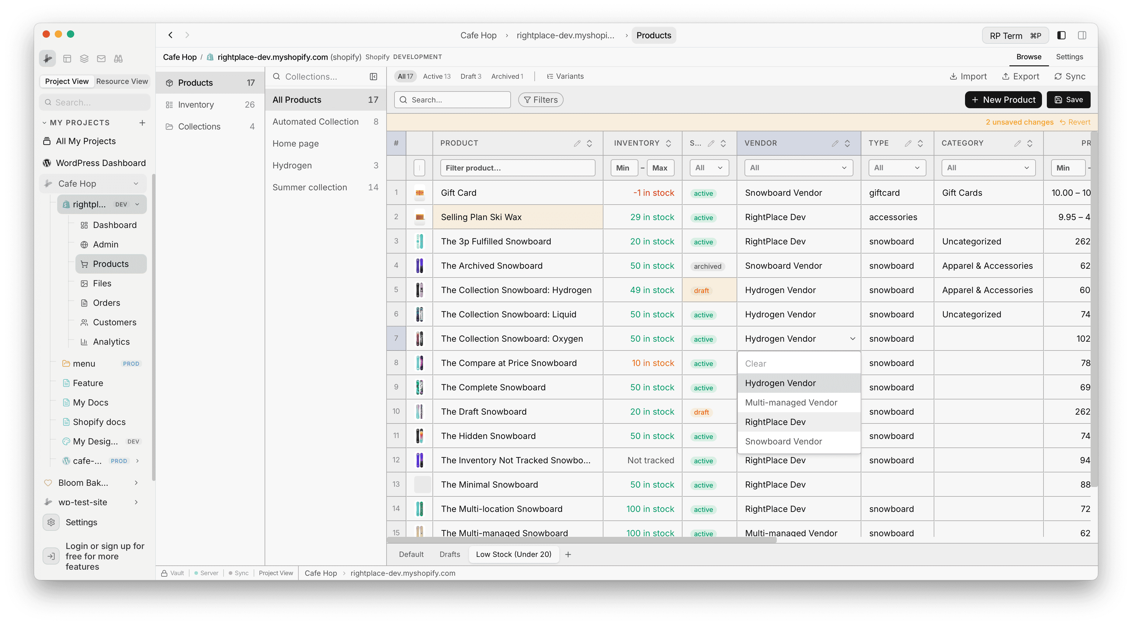 Product SmartTable with unsaved changes banner, vendor dropdown editing, and Save