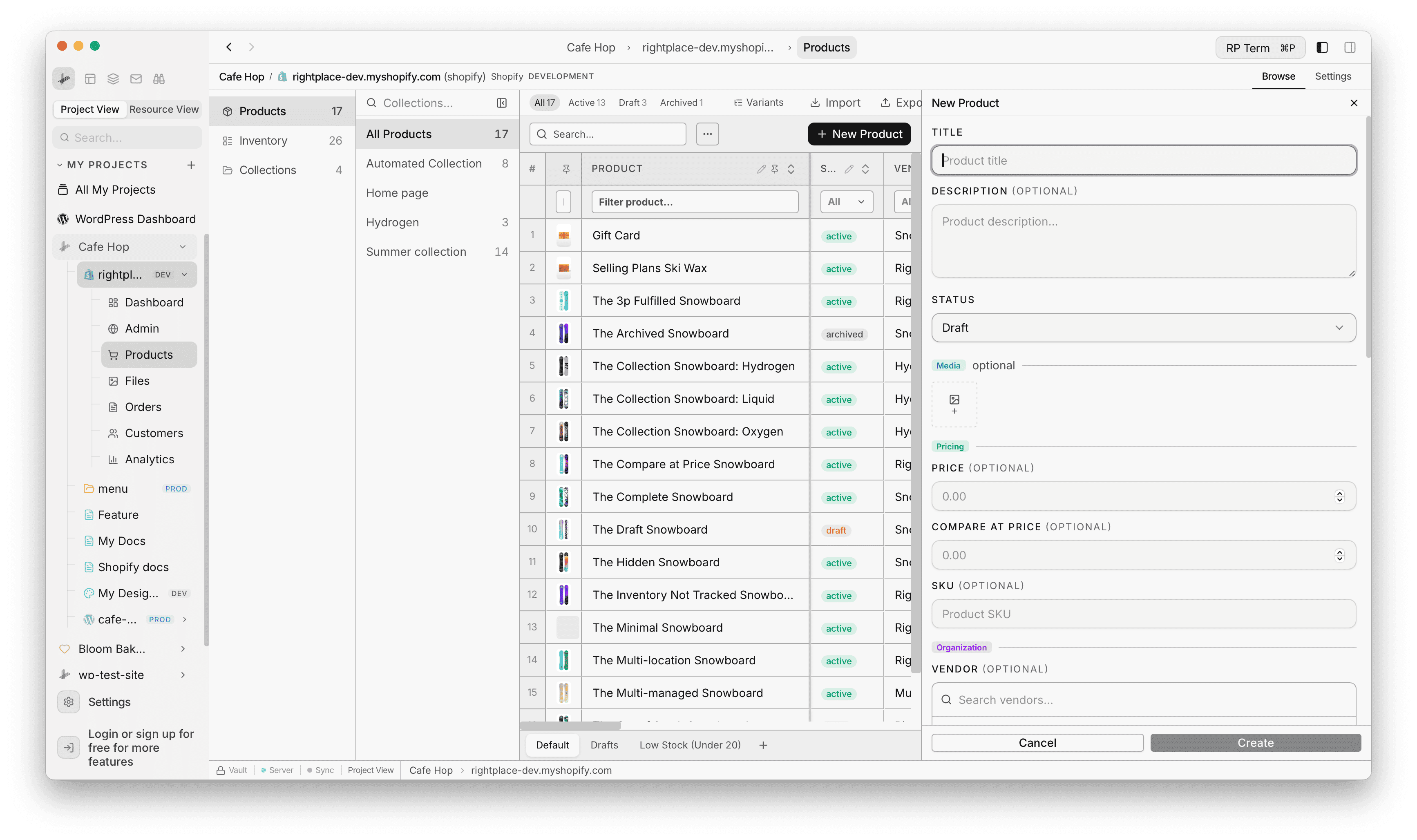 New Product drawer with title, description, status, media, and pricing