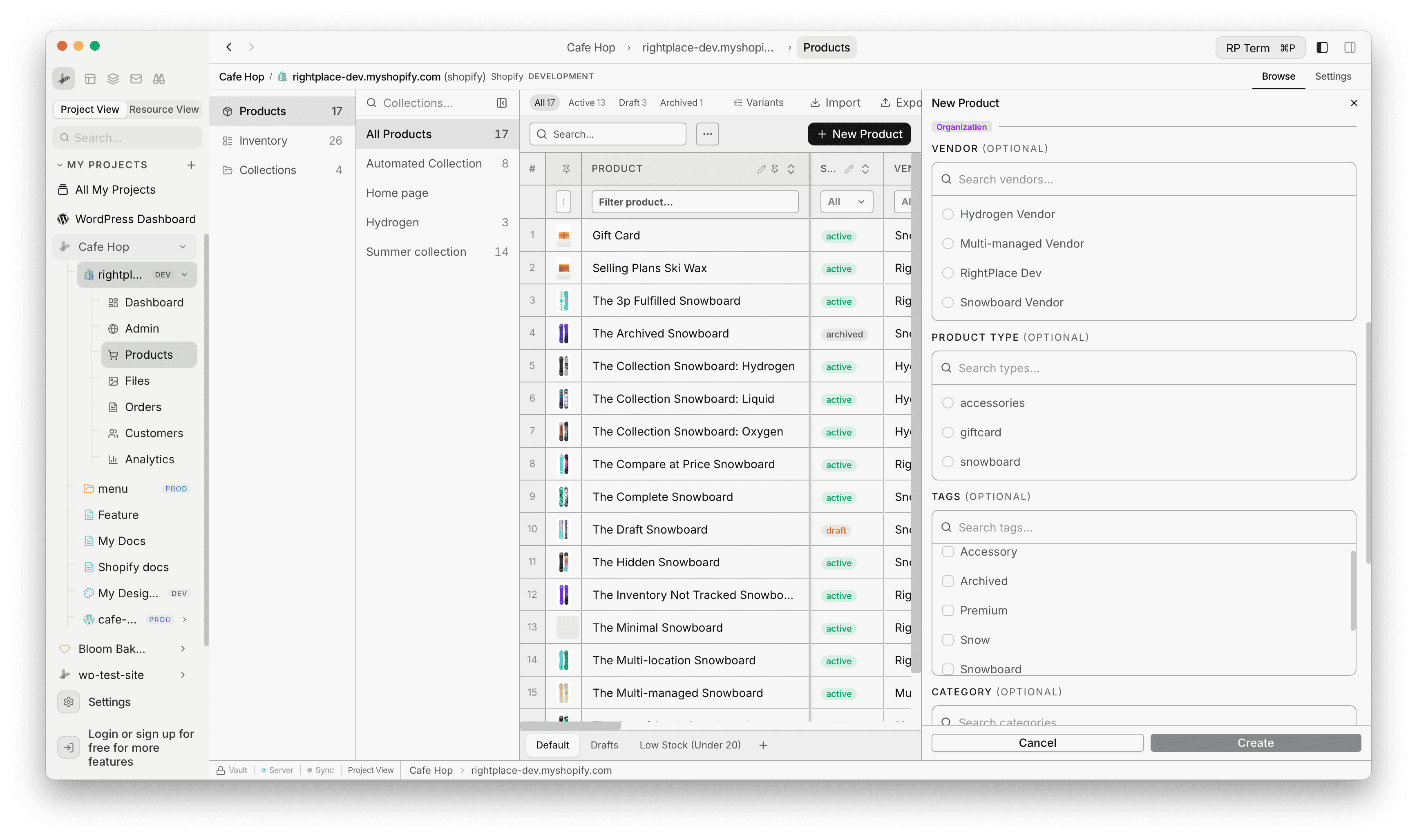 New Product drawer organization section with vendor, type, tags, and category