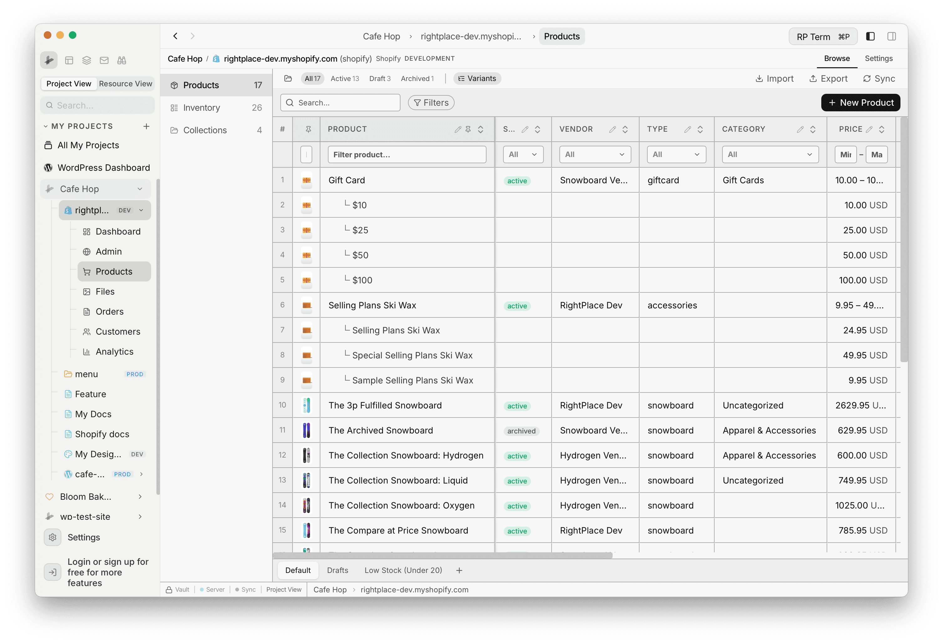 Products table with Variants mode on and nested variant rows