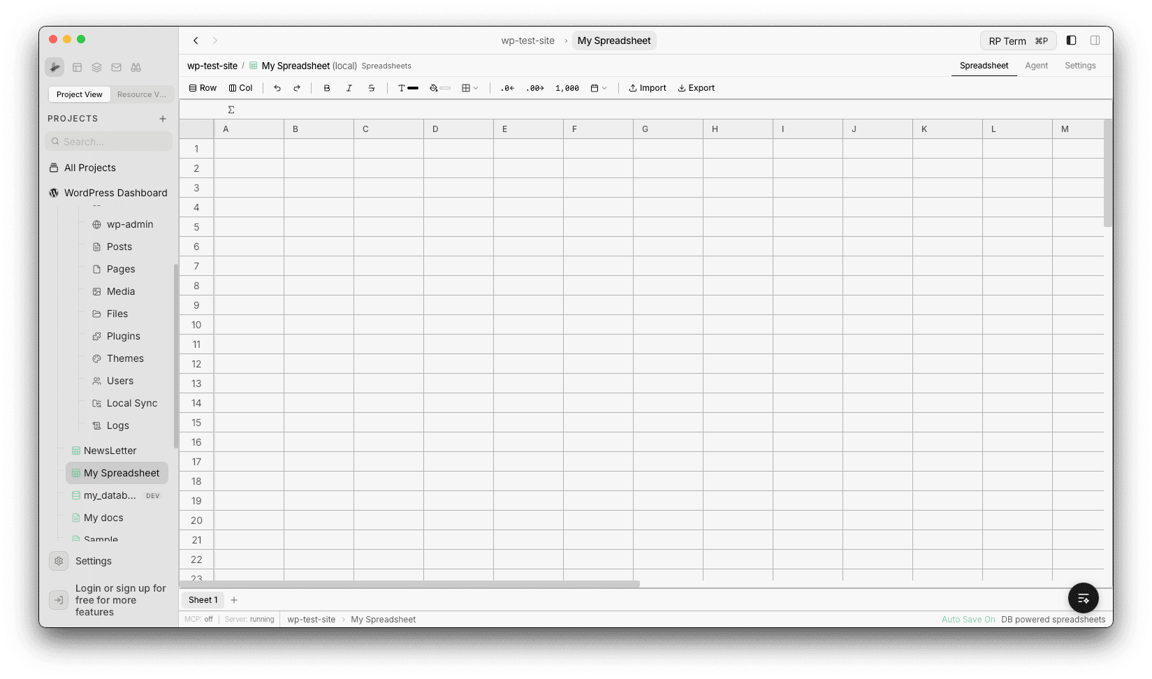 Empty spreadsheet grid with toolbar, column headers A through M, row numbers, Sheet 1 tab, and status bar showing Auto Save On