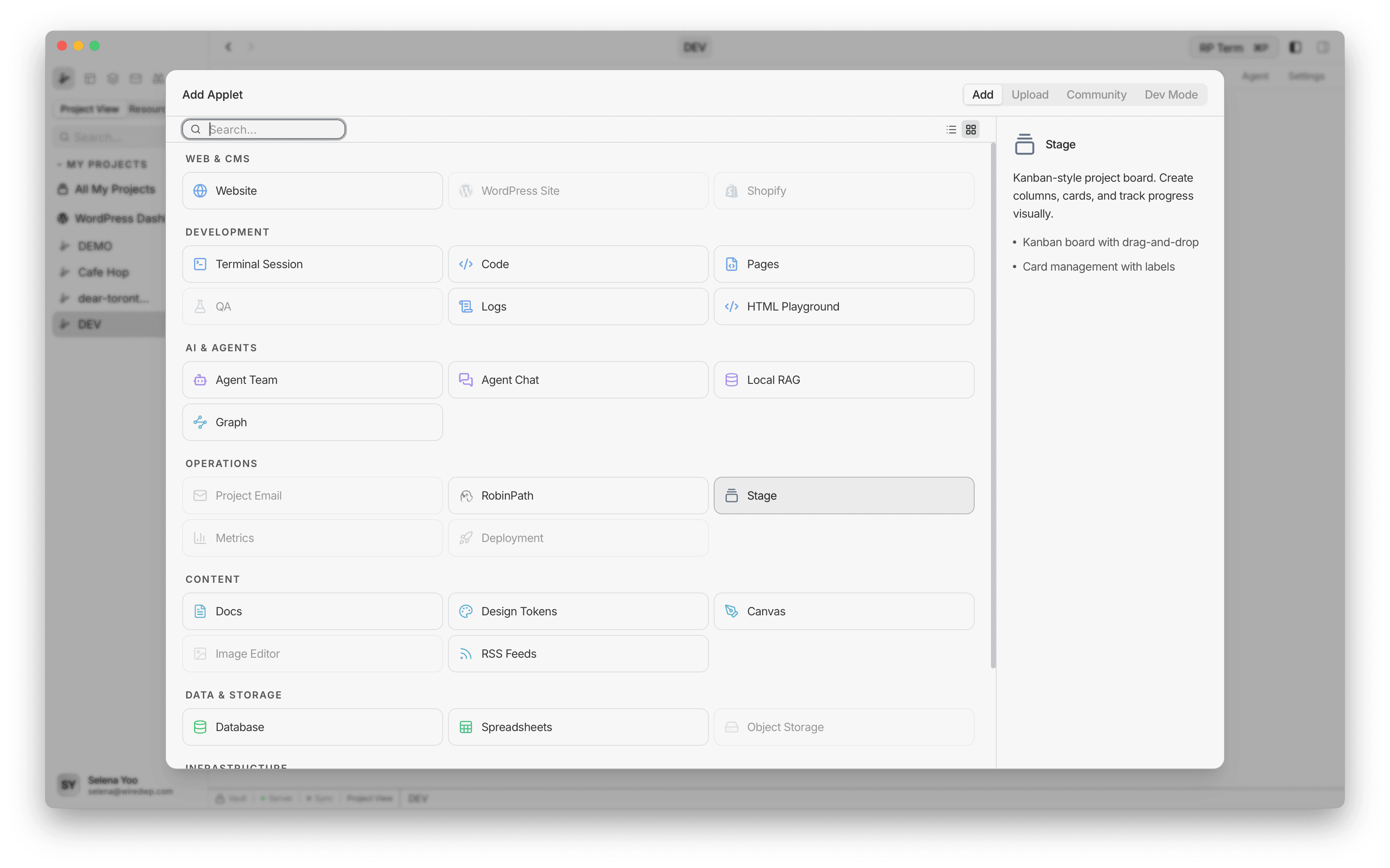 Add Applet dialog with Stage selected in Operations