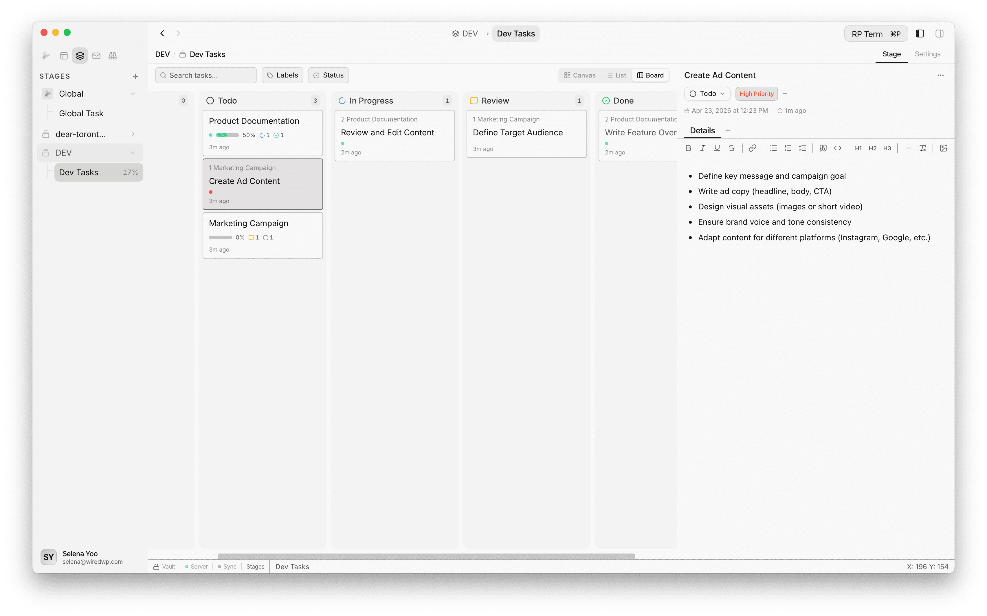 Stage board view showing kanban columns for Todo, In Progress, Review, and Done