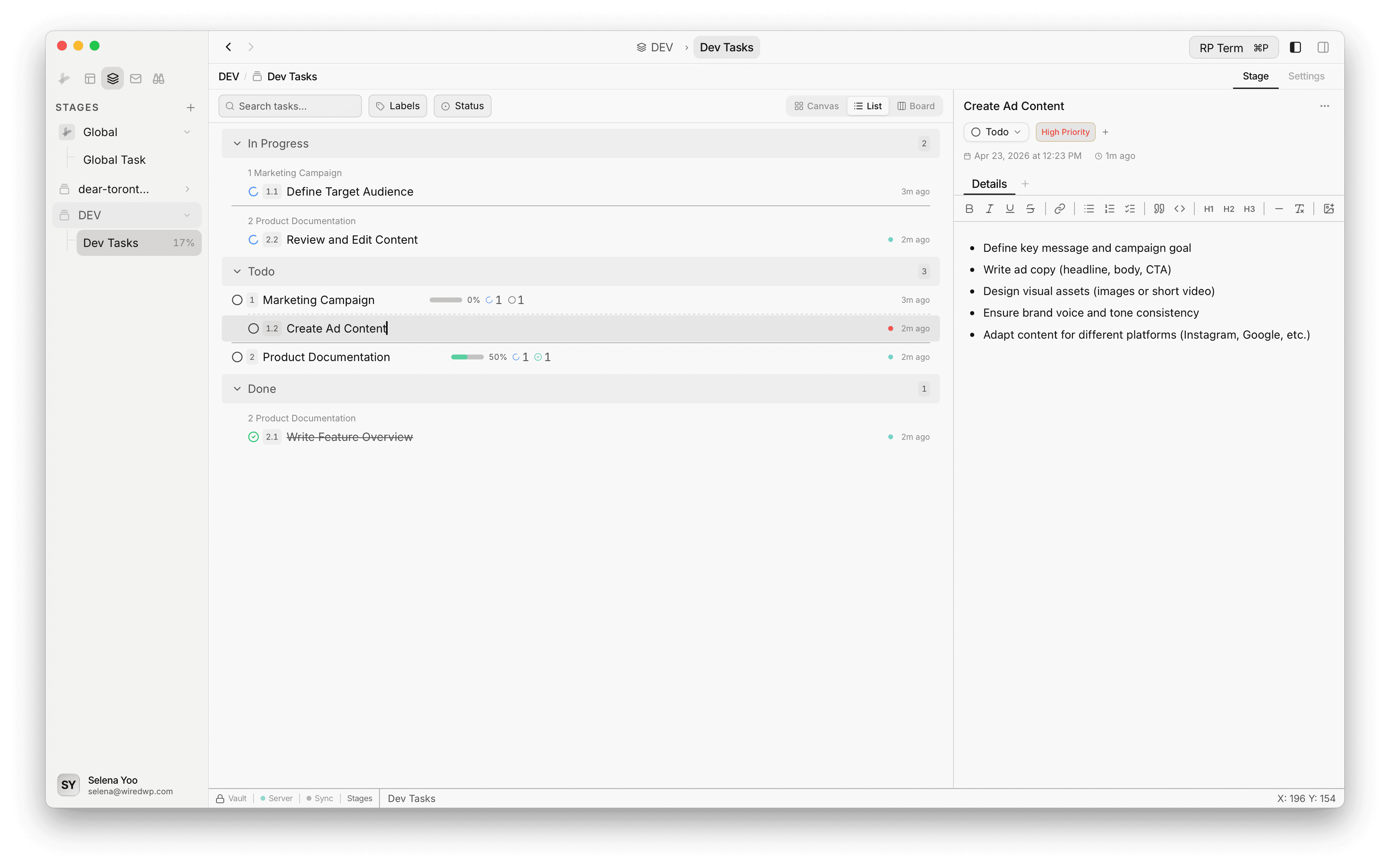 Stage list view showing tasks grouped by status with progress bars and subtask counts
