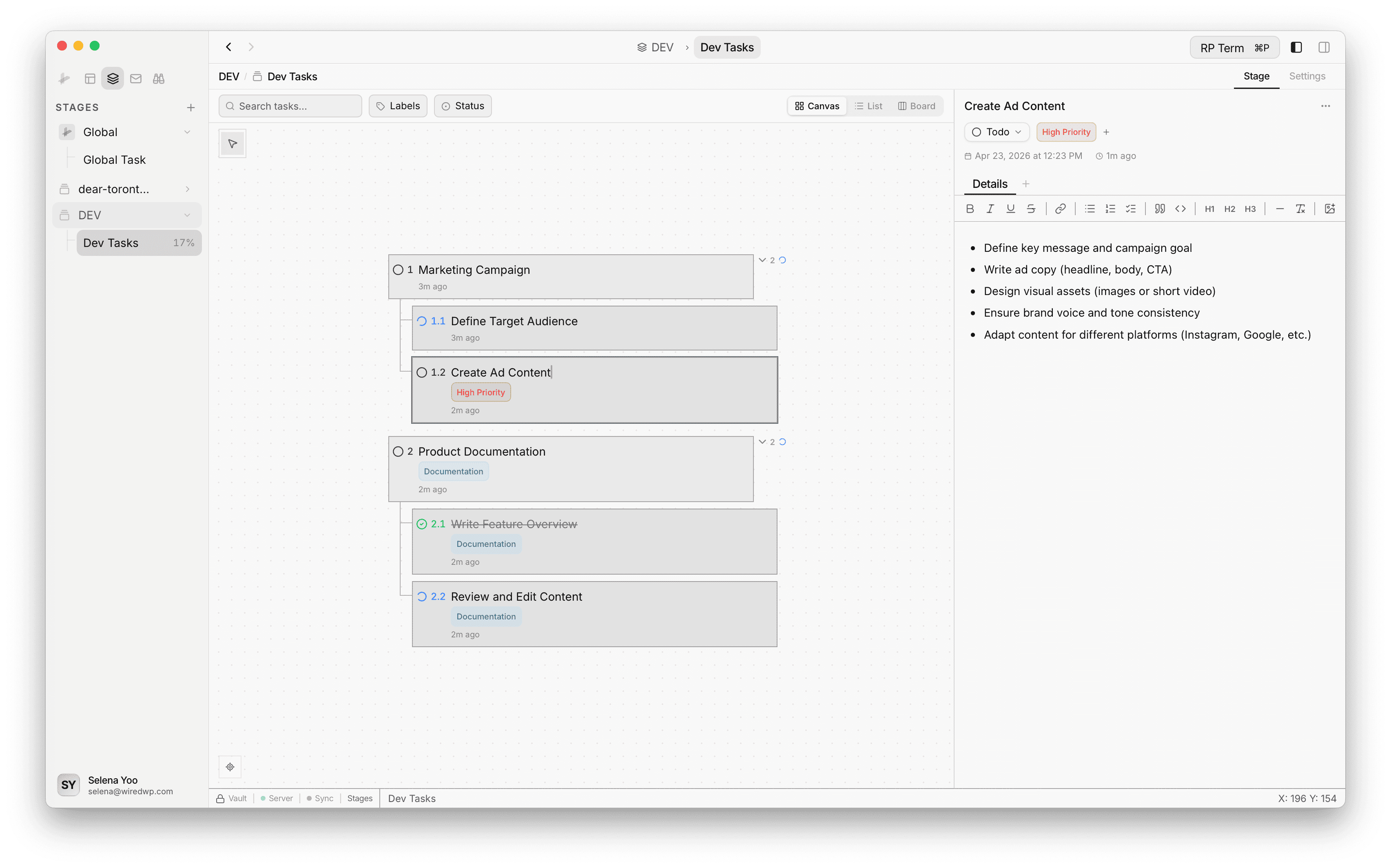Stage canvas view showing nested tasks with labels, subtasks, and task detail panel with rich content editor