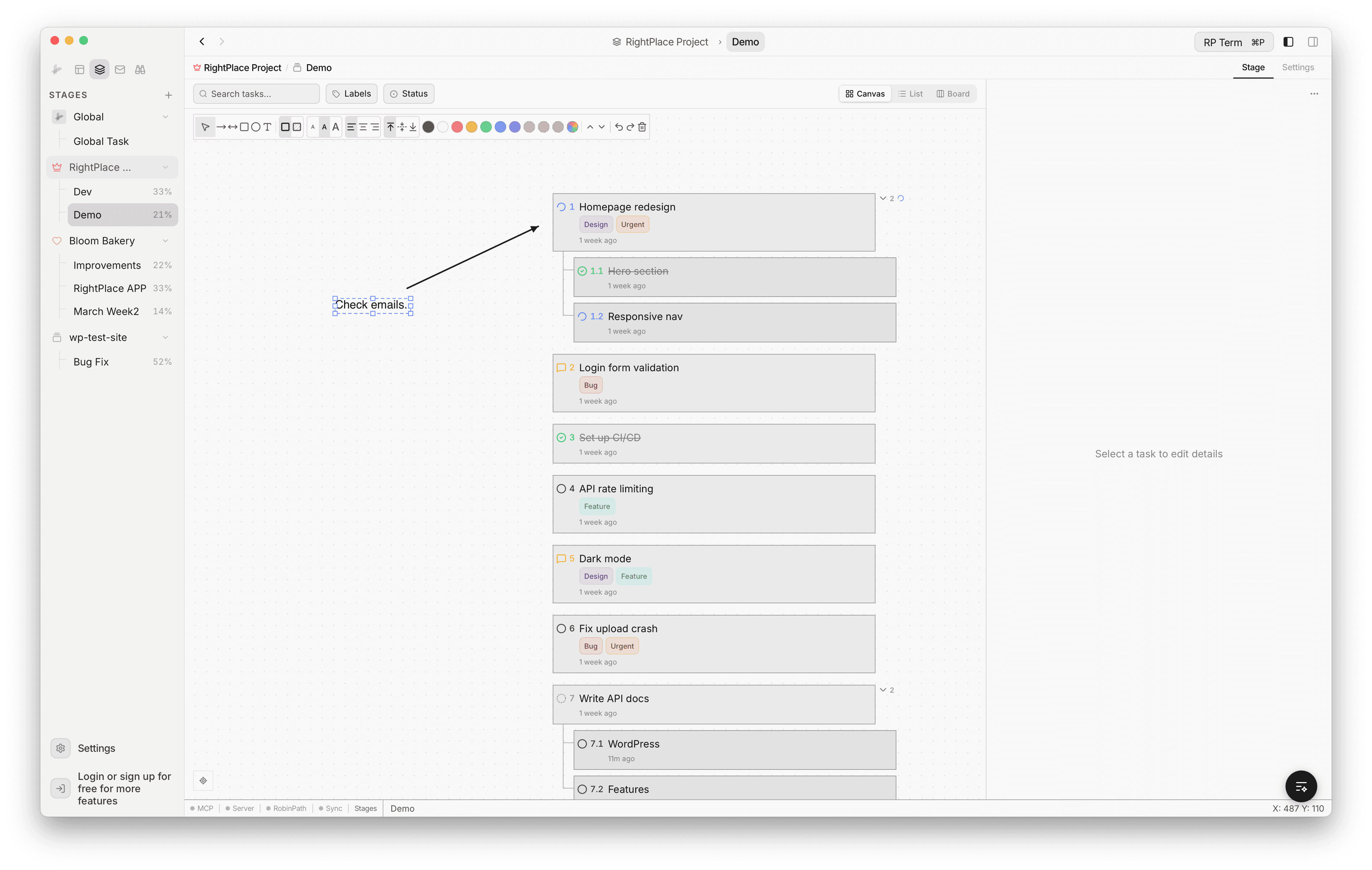 Canvas view showing task cards with drawing tools, an arrow annotation, and a text note