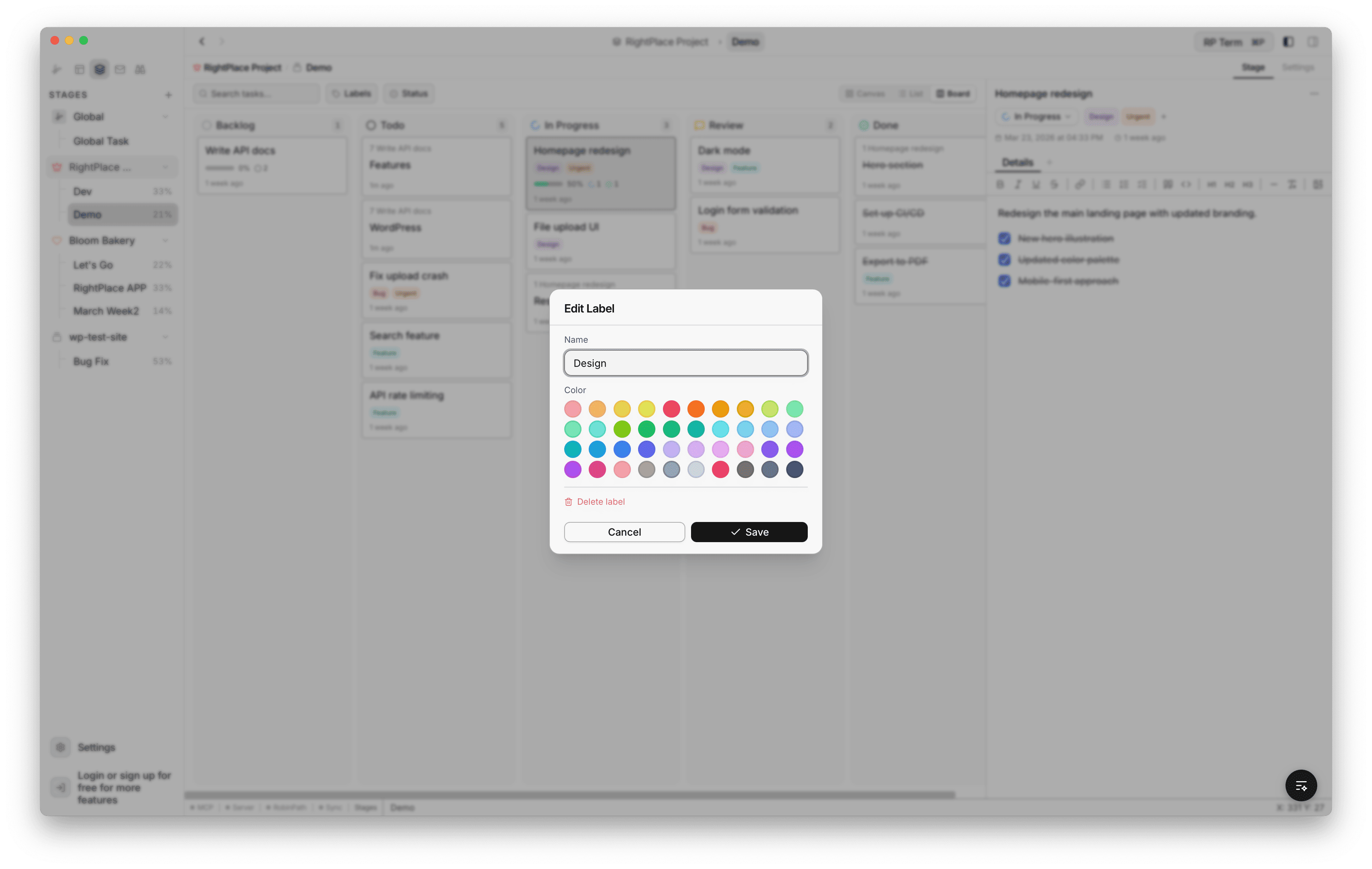 Edit Label modal with name field, color palette grid, and delete option