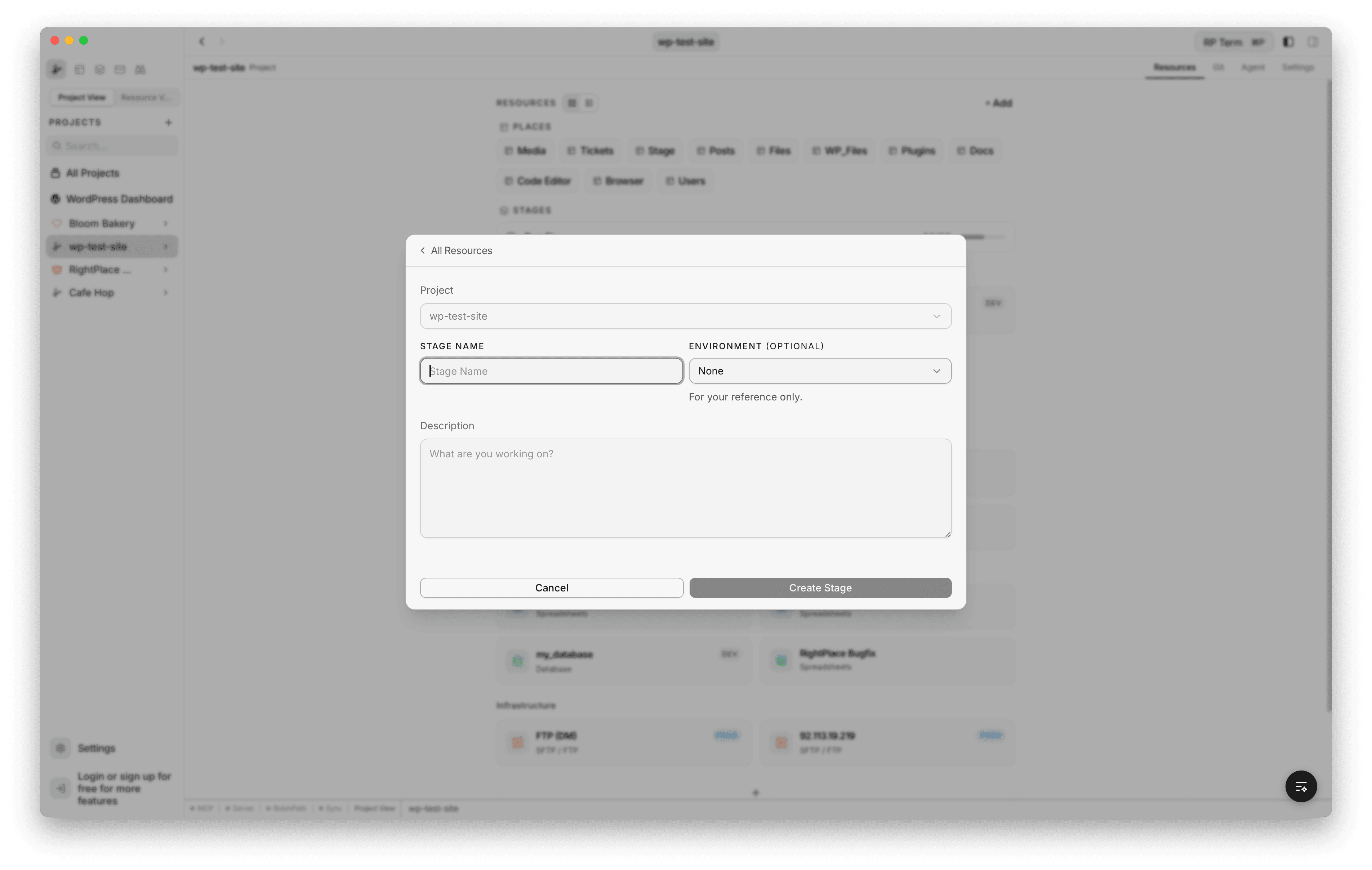 Stage creation form with project selector, name, environment, and description fields