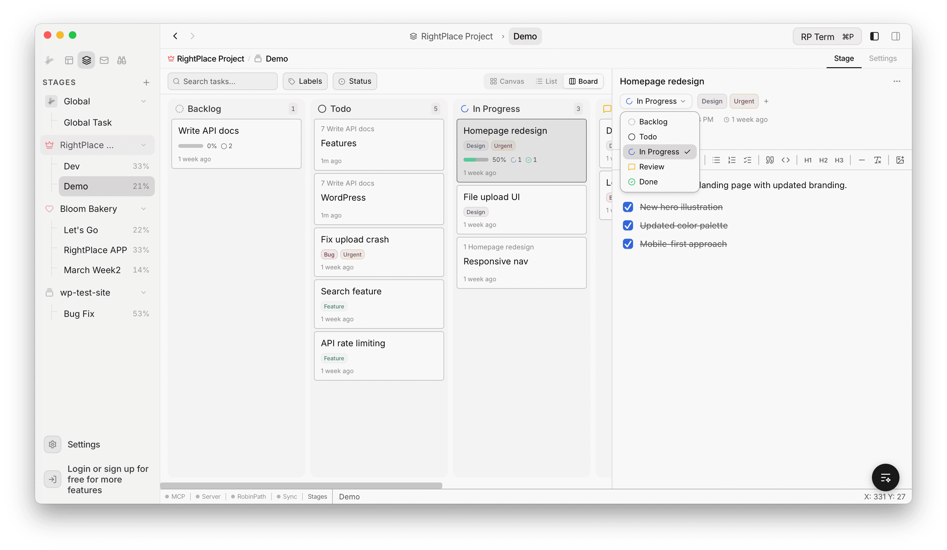 Status dropdown on a task showing all five options with In Progress currently selected