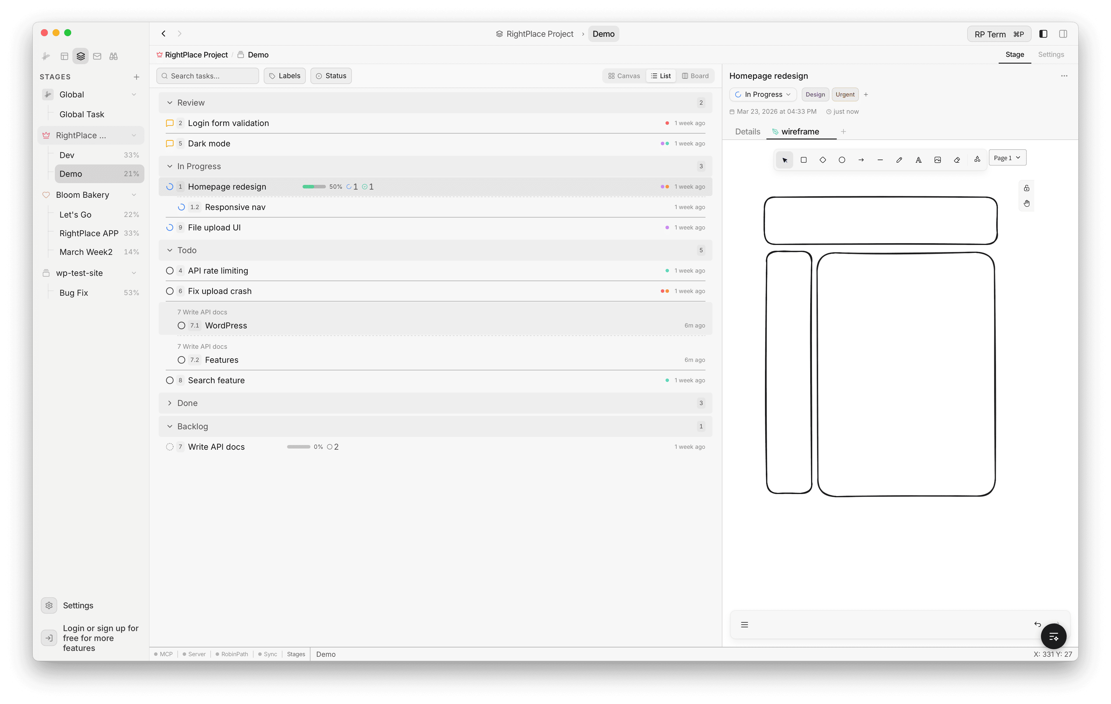 Task editor panel showing status selector, labels, timestamps, and a canvas tab with wireframe sketches