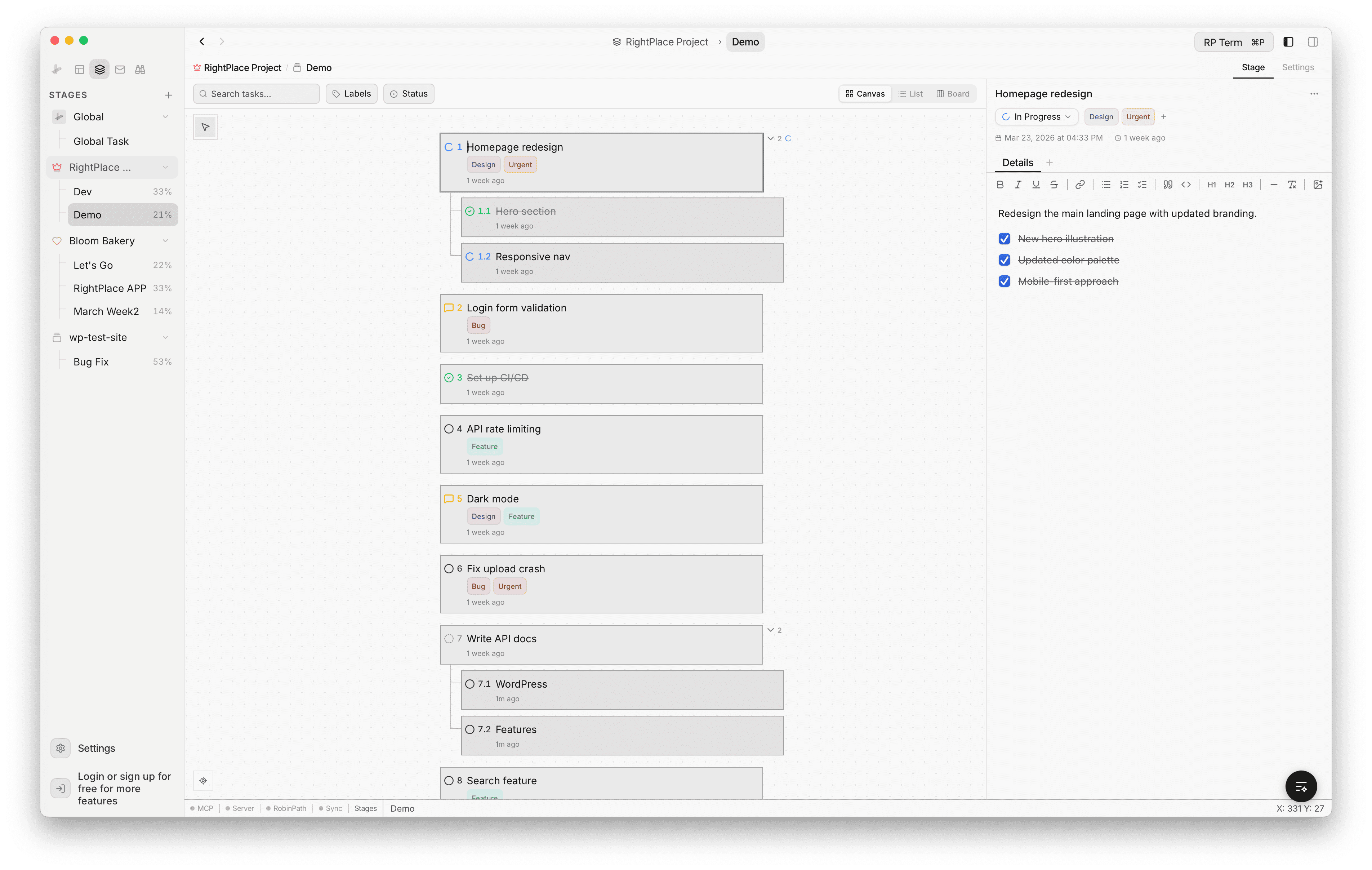 Task tree on the canvas showing nested tasks with status indicators and subtask counts