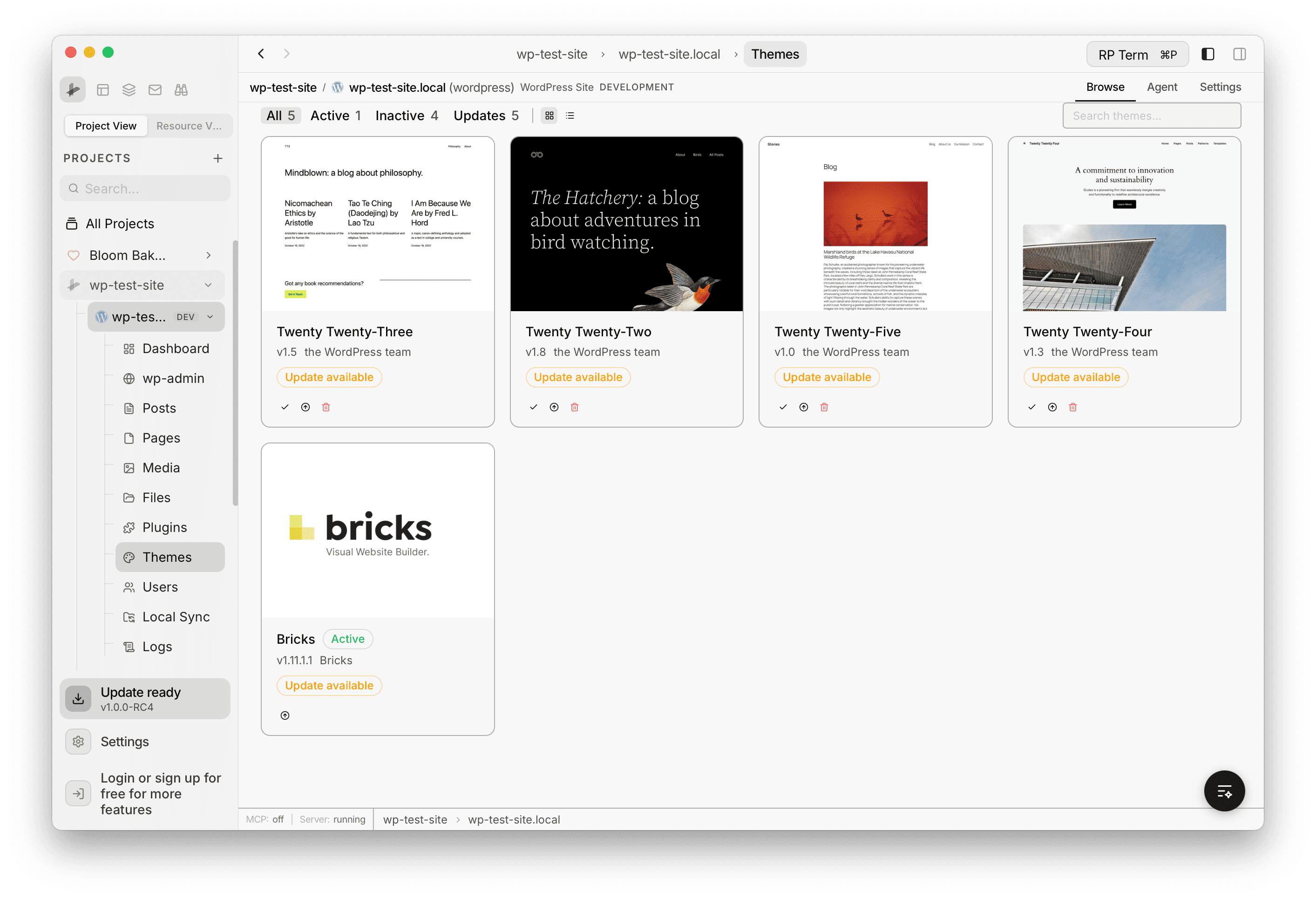 Themes grid view showing preview thumbnails with name, version, author, Update available labels, and action icons for activate, details, and delete