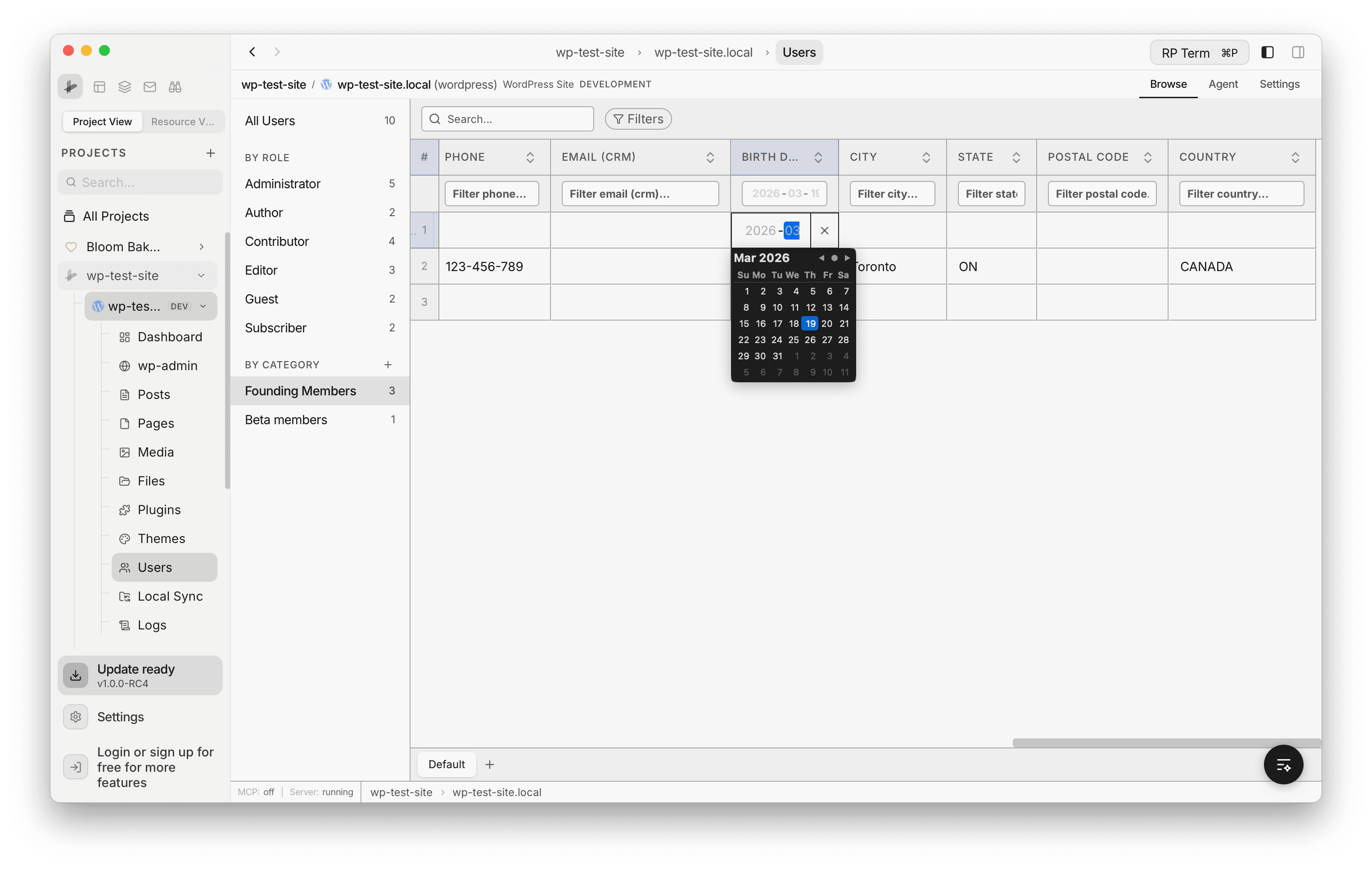 CRM fields in the users table showing phone, email, birth date, city, state, postal code, and country columns with a date picker