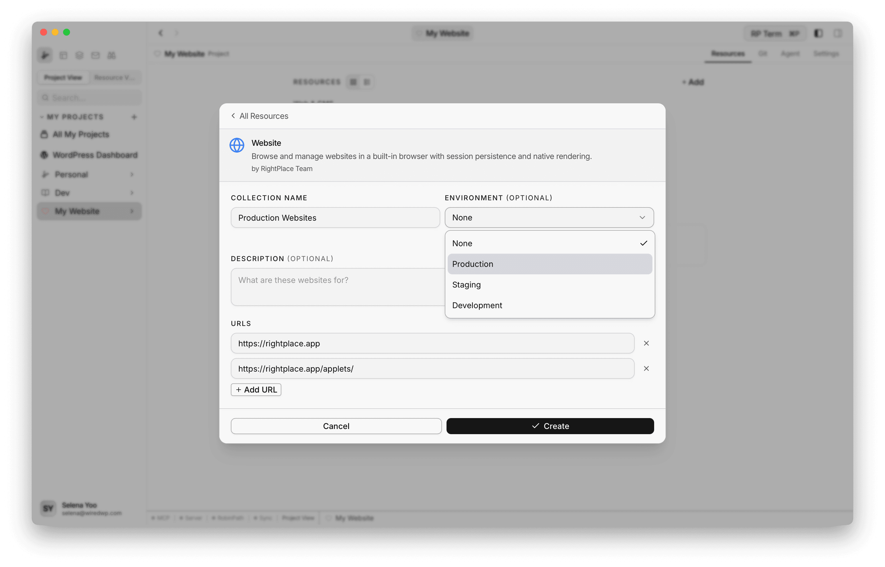 Website creation form showing Collection Name, Environment dropdown with Production selected, Description field, and URLs section with two URLs and an Add URL button