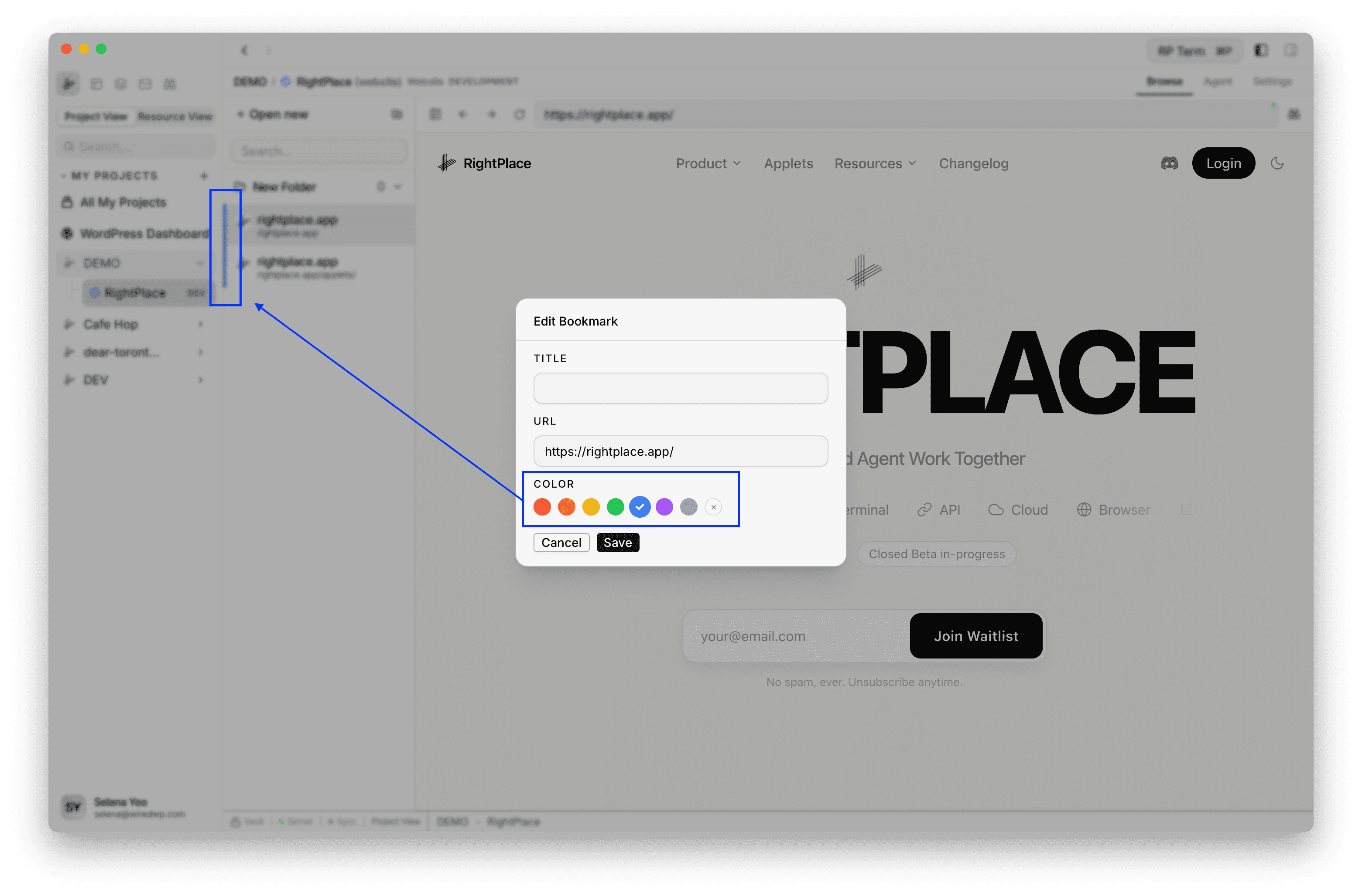 Edit Bookmark modal with Title, URL, and Color fields, showing seven color options with blue selected and the corresponding color stripe visible on the bookmark in the sidebar