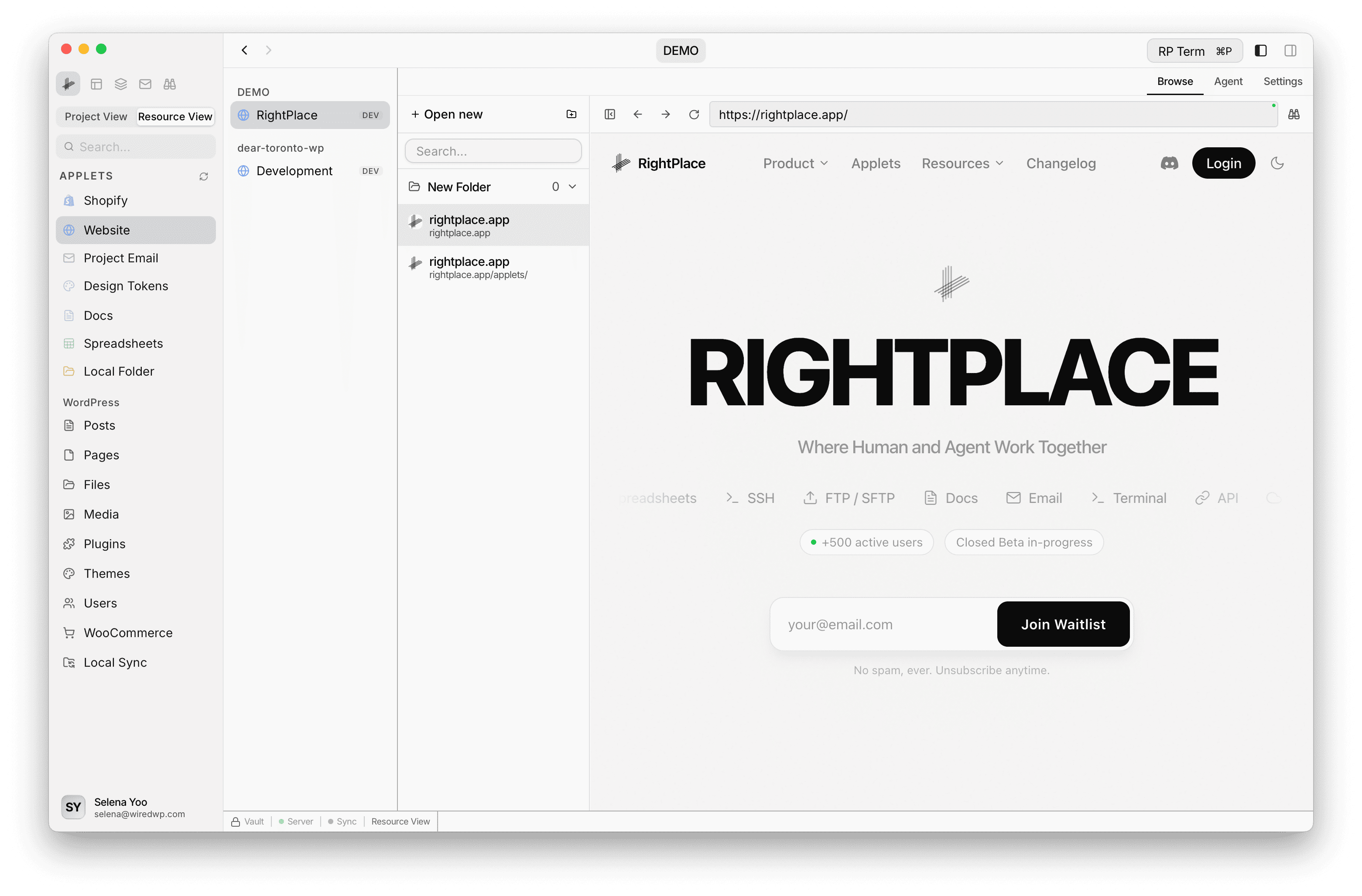 Resource View with Website applets listed by project in the left sidebar, the bookmark sidebar in the middle, and the embedded browser on the right showing rightplace.app
