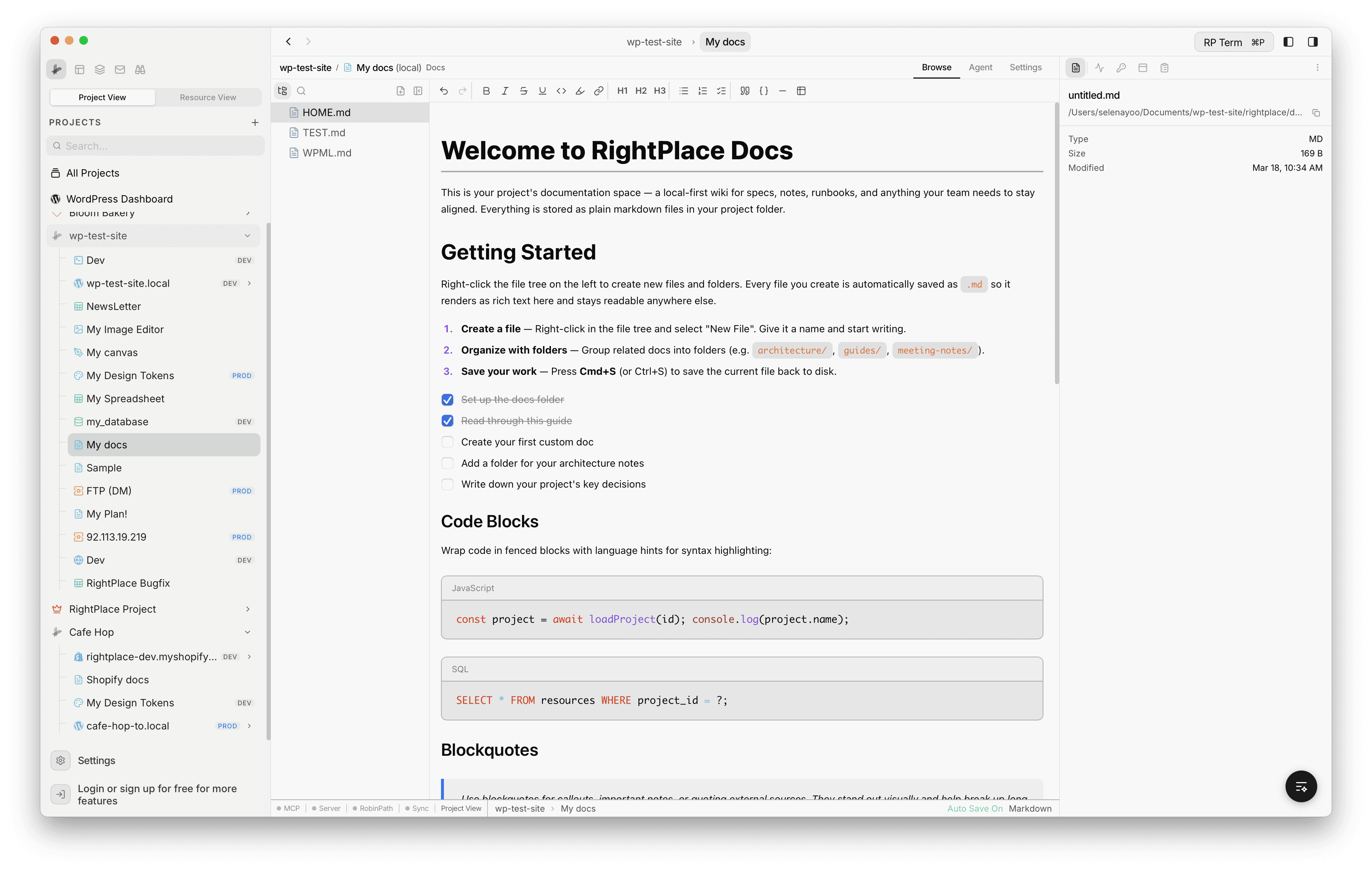 Docs widget showing file info with filename, path, type, size, and modified date