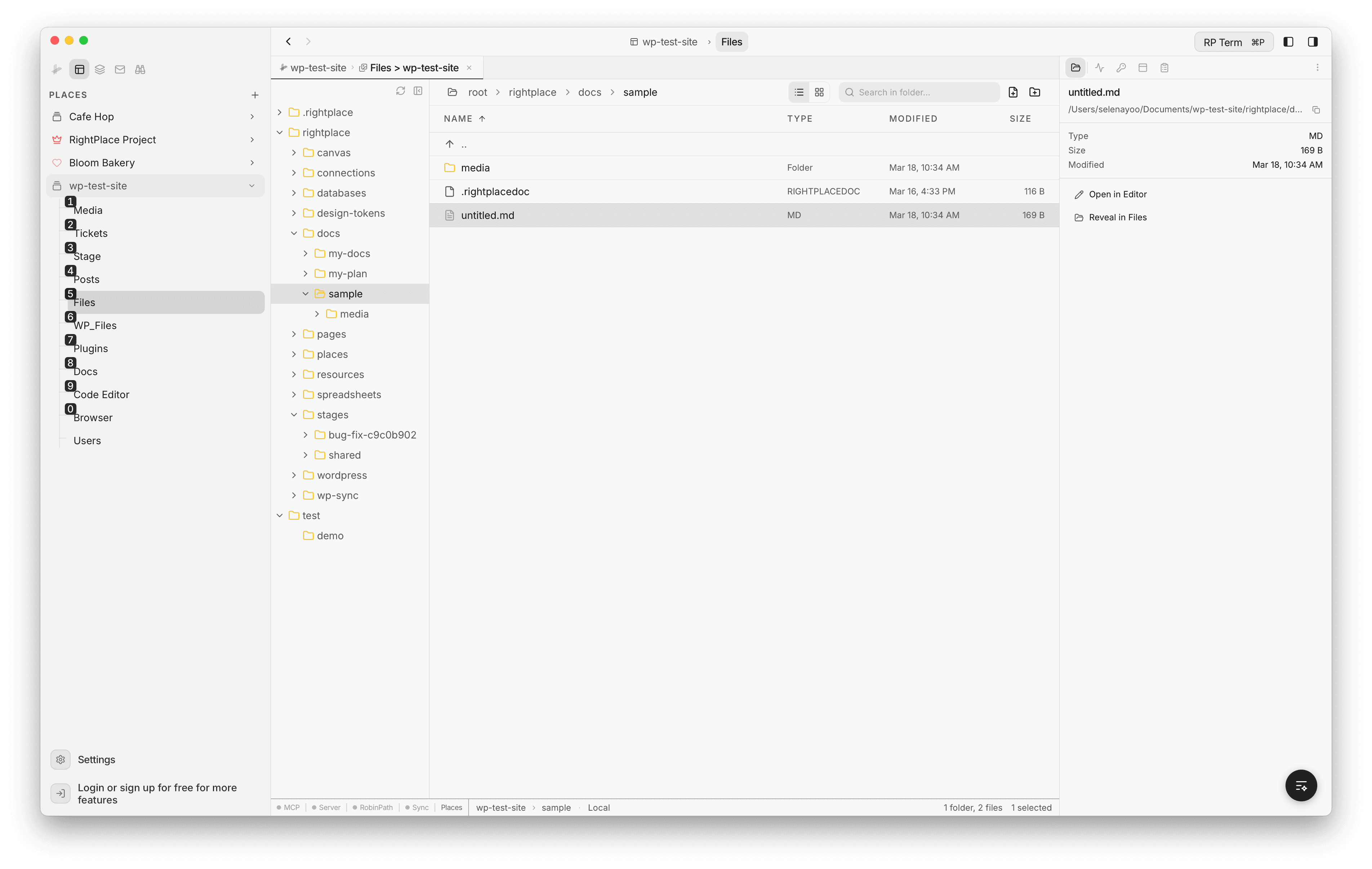 Files panel showing a file preview, filename, path, file size, type, and modified date with action buttons