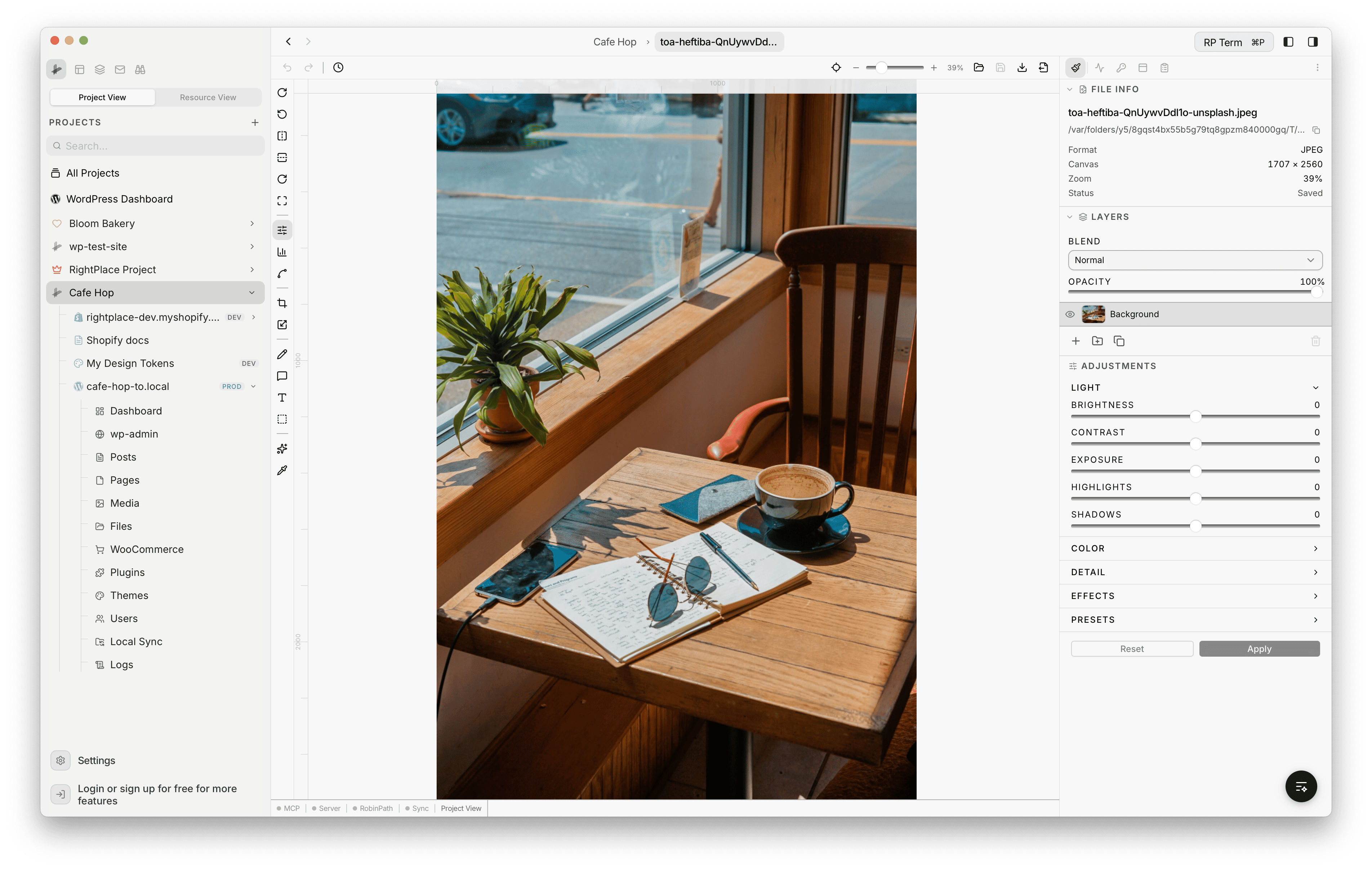 Image Editor panel showing file info section and a grid of 15 tool icons below