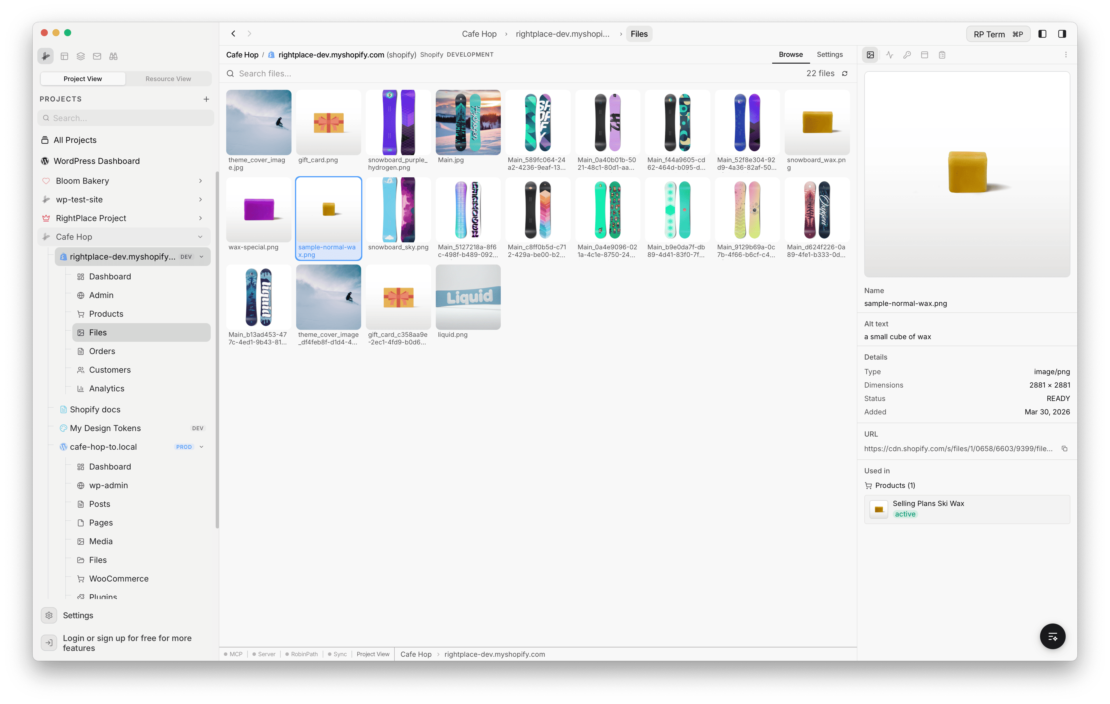Shopify Files panel showing file preview, filename, URL, metadata, and linked products list