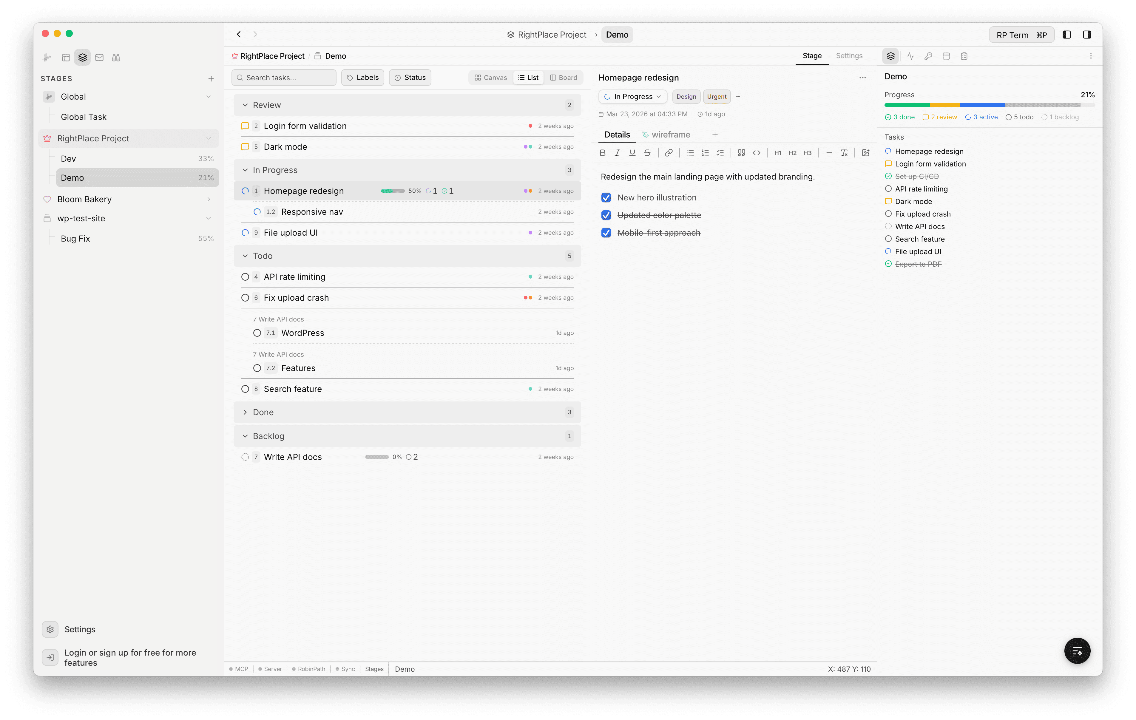 Stage panel showing task status groups with icons, task counts, and a collapsible task list