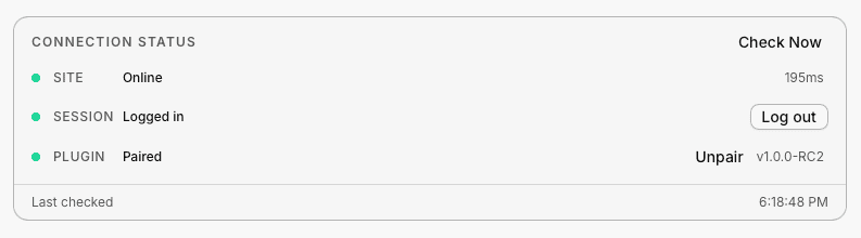 Connection Status showing site online, session logged in, and plugin paired