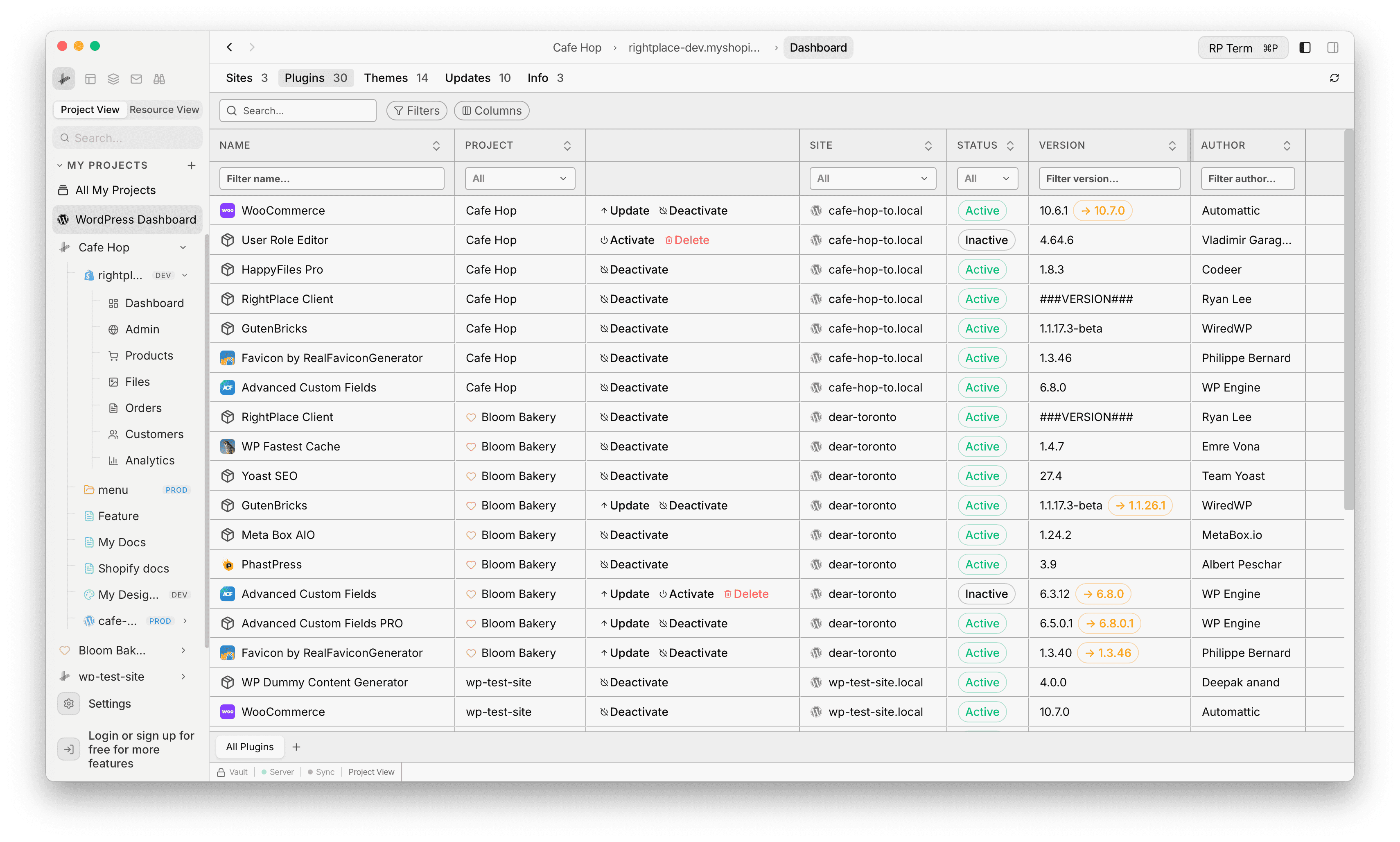 WordPress Global Dashboard Plugins tab with plugin names, project, site, status, version updates, and row actions