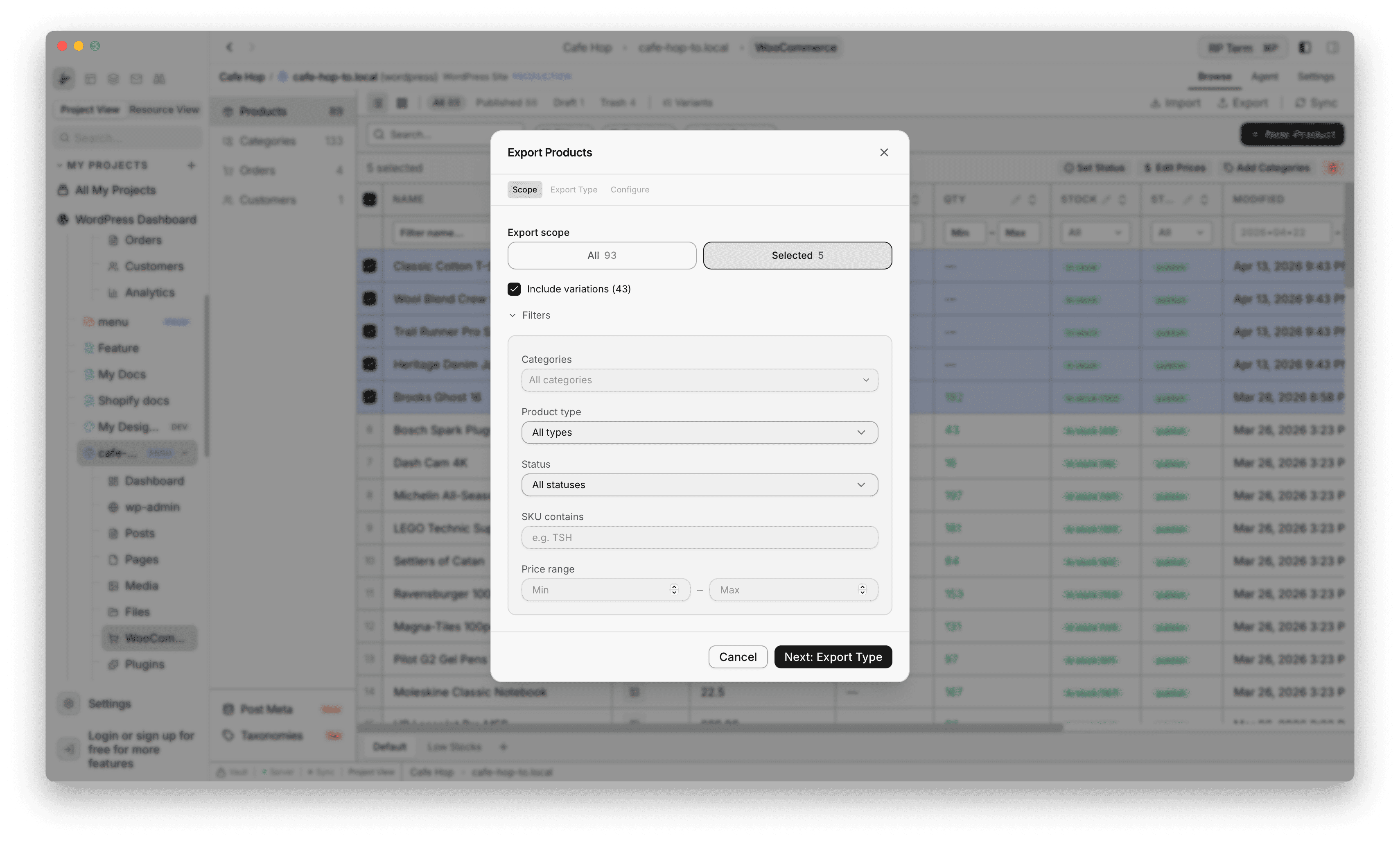 Export Products Scope step