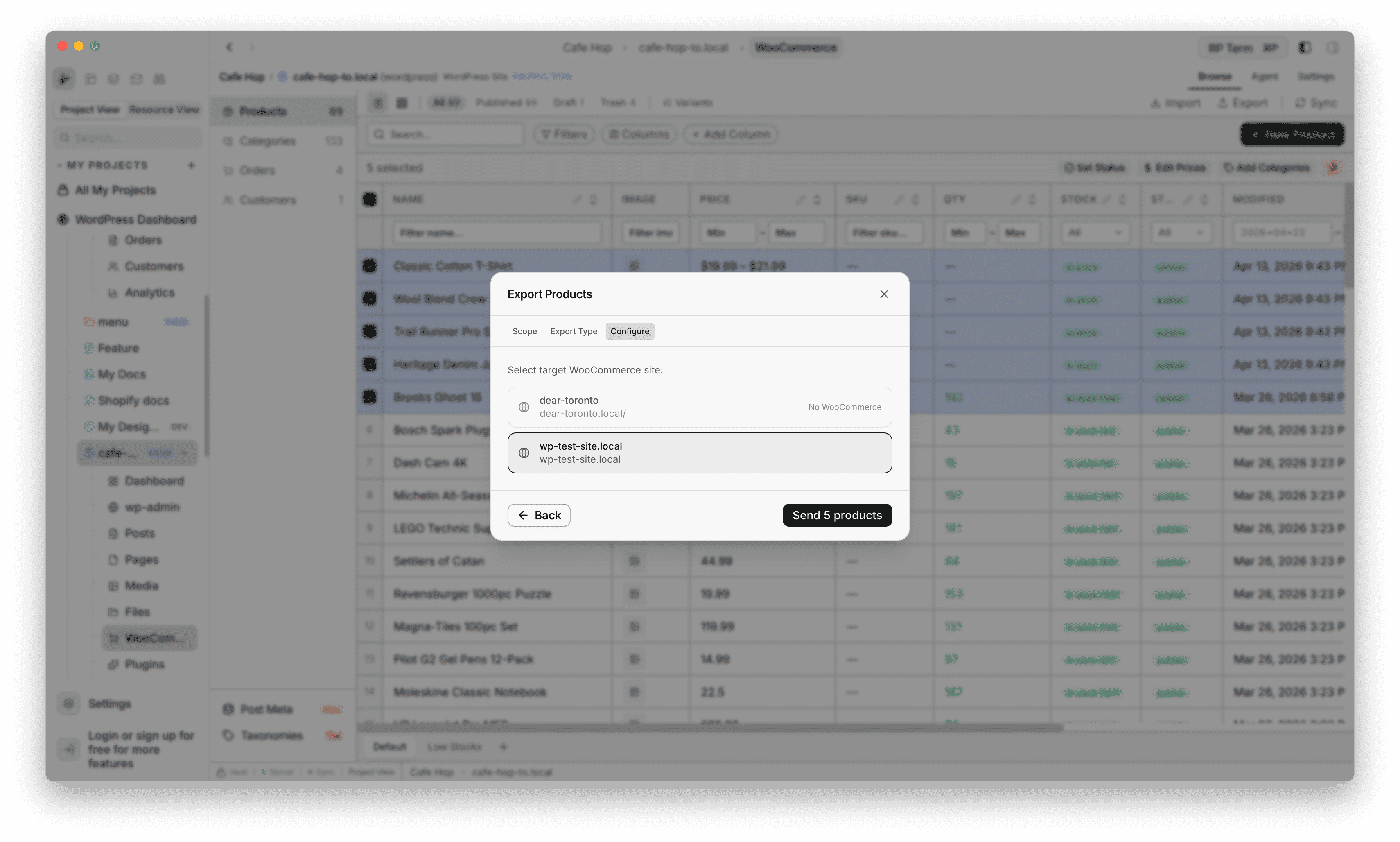 Export Products Configure step after choosing Send to Store