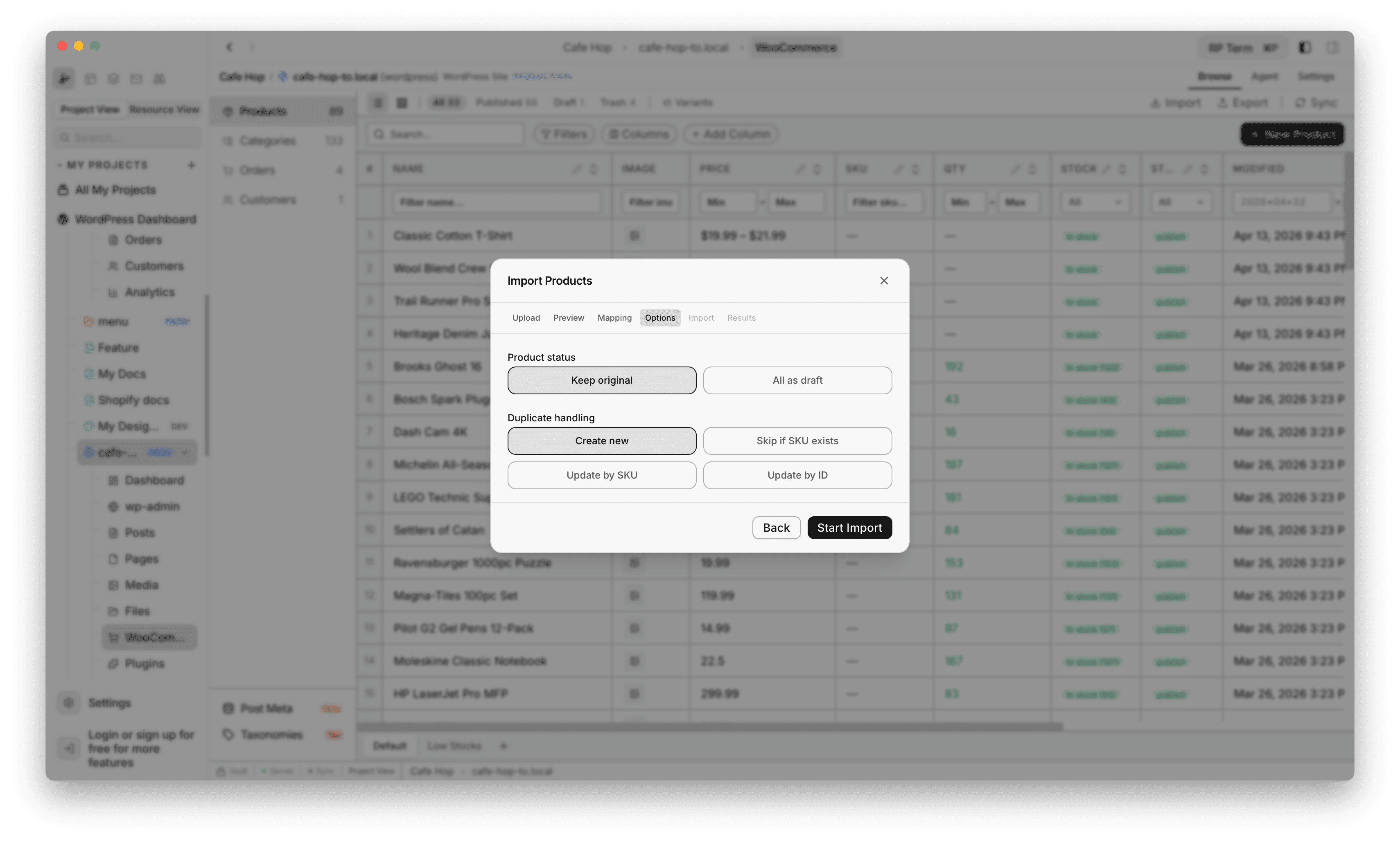 Import Products Options step