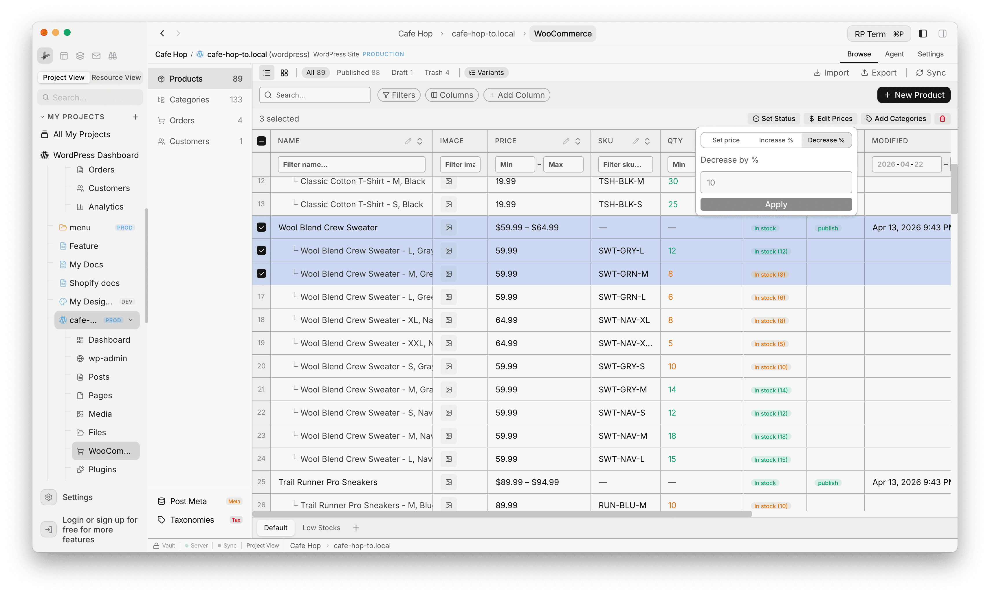 WooCommerce Products bulk actions with multiple rows selected