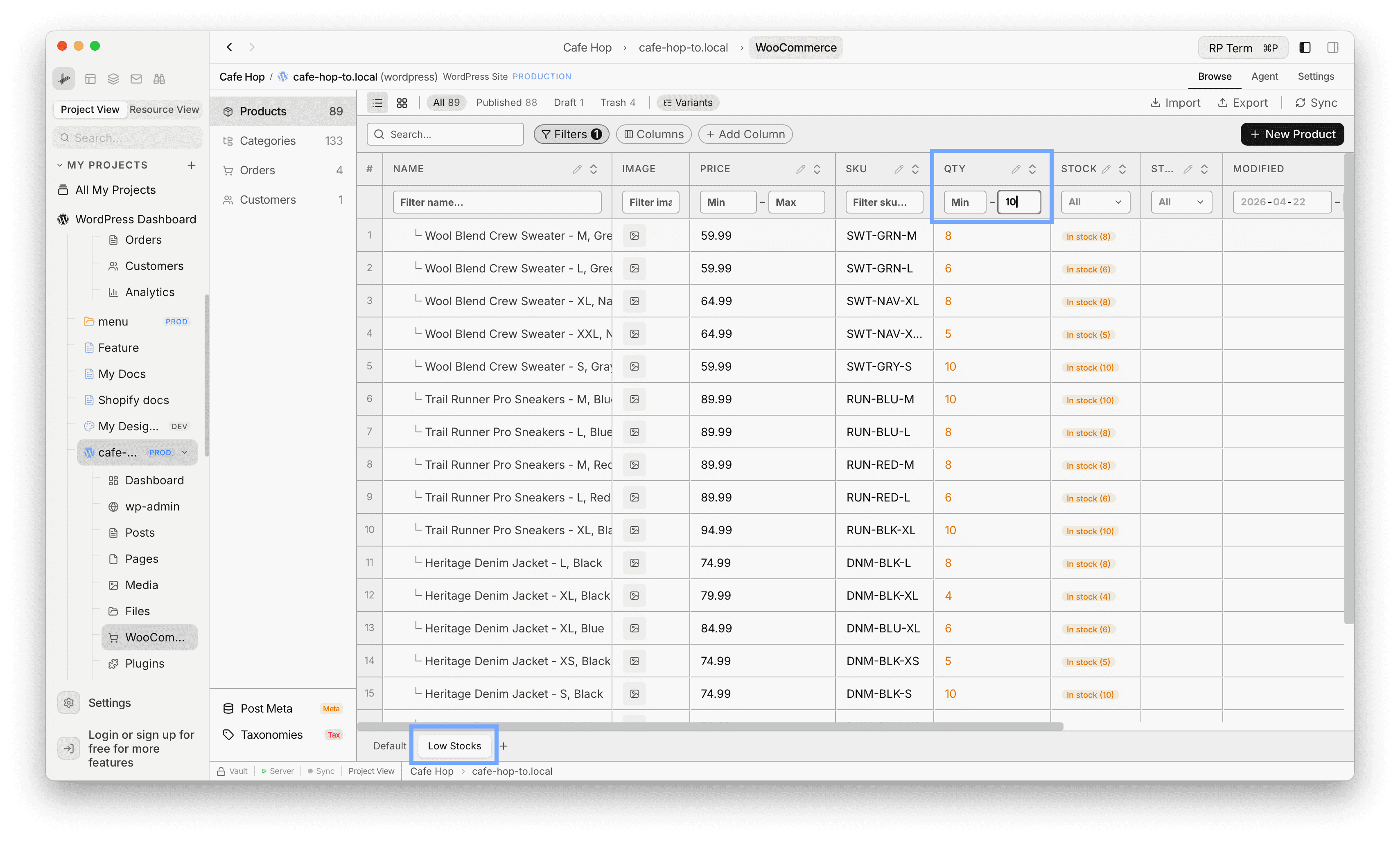WooCommerce Products bottom tabs for saved table views